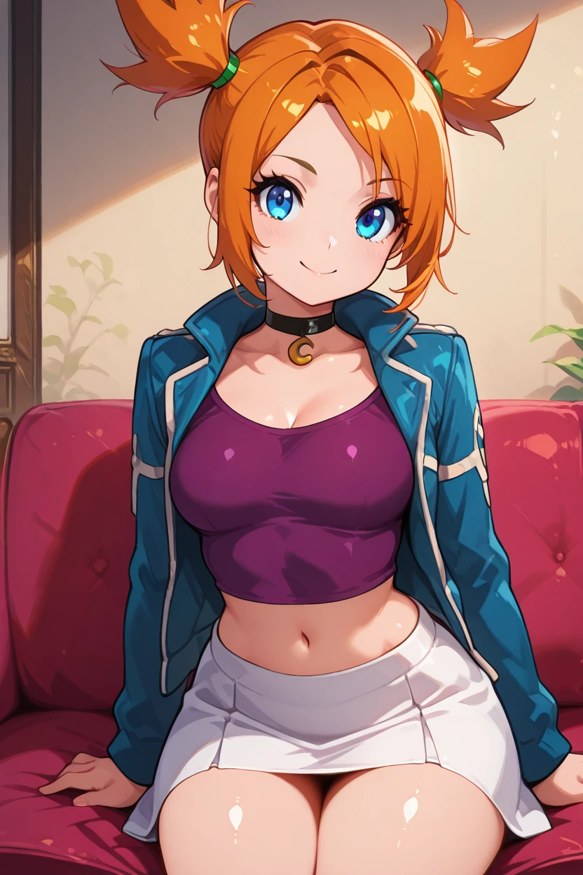 masterpiece, best quality, 1girl, solo, smile, looking at viewer, medium breasts, (curvy), cute, eyelashes, sitting, zzRui, blue eyes, orange hair, short hair, twintails,  choker, purple shirt, navel, midriff, long sleeves, blue jacket, open jacket, white skirt,  <lora:RuiPokemonIXL_v4:1.0>, dynamic pose, cowboy shot, smile, looking at viewer, shiny skin,