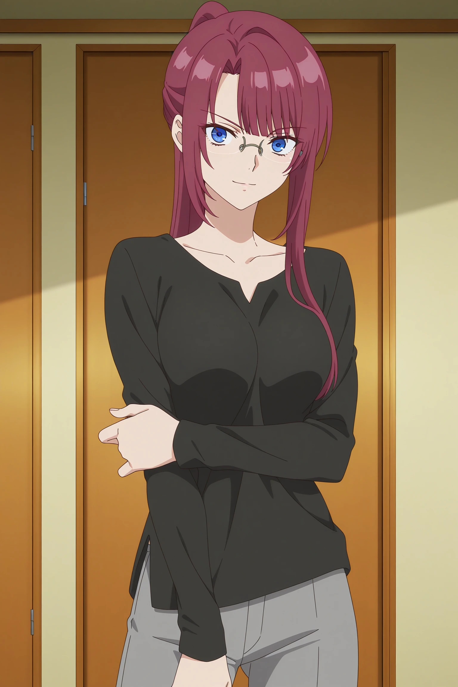 masterpiece, best quality, amazing quality, highres, absurdres, very aesthetic, high resolution, ultra detailed, perfect details, 1girl, indoors, medium breasts, shikimori miyabi, long hair, purple hair, ponytail, sidelocks, blunt bangs, blue hair clip, blue eyes, glasses, long sleeves, black shirt, (untucked shirt:1.1), collarbone, grey pants, <lora:Miyabi_Shikimori_ILXL:0.8>, (aged up:1.5), (cowboy shot:1.5), looking at viewer, (pose:1.5), light smile, (anime coloring:1.5), (anime screencap:1.5),