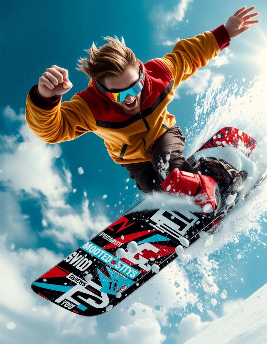 incredible low angle view of snowboarder man in amazing jump, short hair, googles, scream, fast, motion blur, glitch, move, move, fast