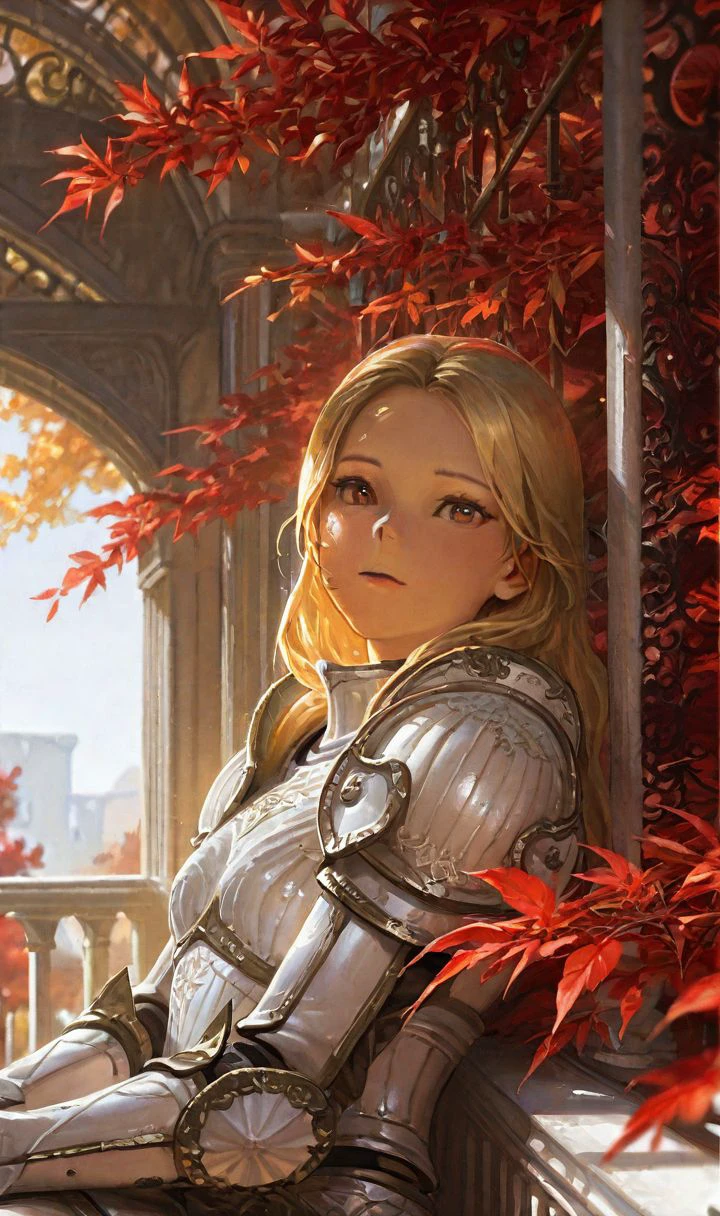 d1style, close-up, upper body, 1girl, solo, long hair, blonde hair, armor, white armor, symbol, intricate armor, sitting, balcony, ornate balcony, red leaves, autumn leaves, detailed background, fantasy, looking at viewer, majestic, digital painting, cinematic, scenery, outdoors, white, signature, dot nose, dramatic lighting  <lora:diablo_style:0.8>