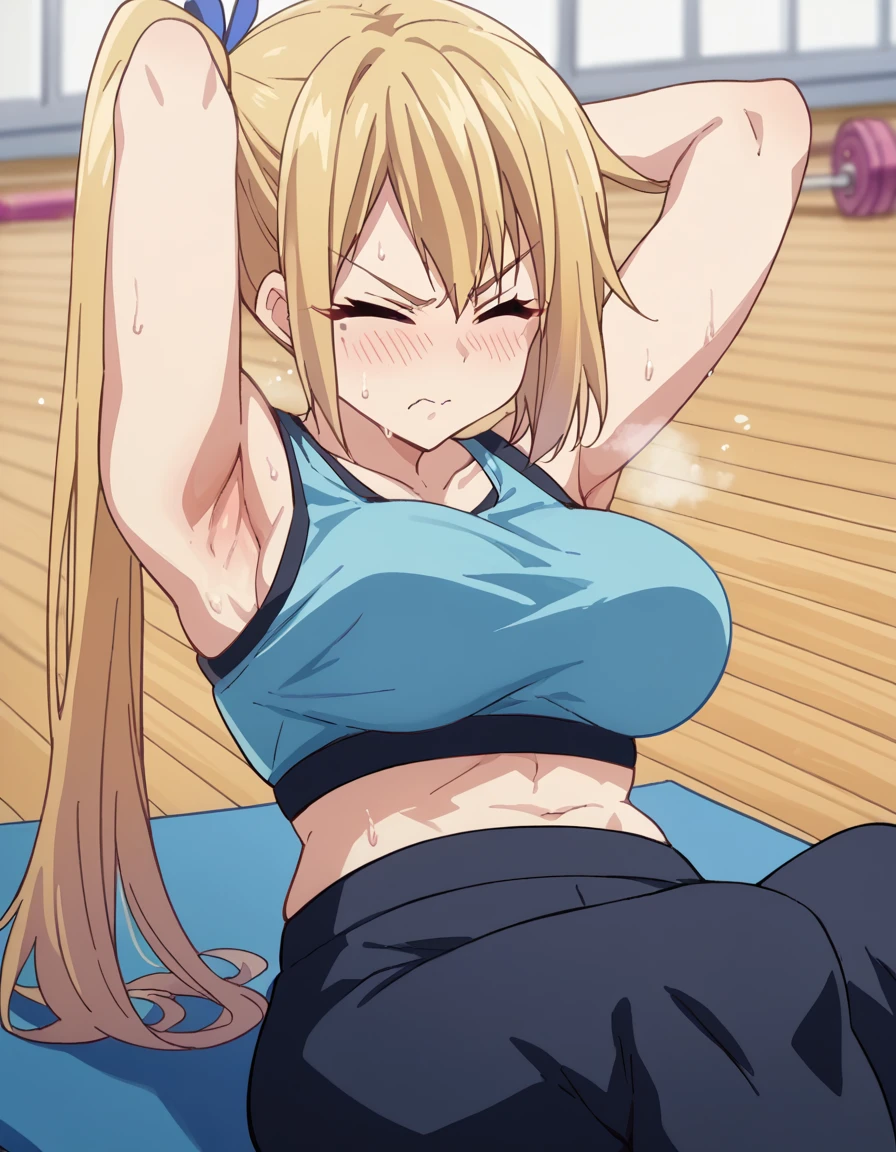 score_9, score_8_up, score_7_up, source_anime, <lora:mai-kawakami-s1-ponyxl-lora-nochekaiser:1>, mai kawakami, blonde hair, hair ribbon, long hair, mole, mole under eye, ribbon, side ponytail, large breasts, <lora:sit-up-ponyxl-lora-nochekaiser:1>, sit-up, exercising, arms behind head, armpits, arched back, struggling, lying, on back,, yoga pants, sports bra, steam, sweat, blush, gym, closed eyes, solo, cowboy shot,