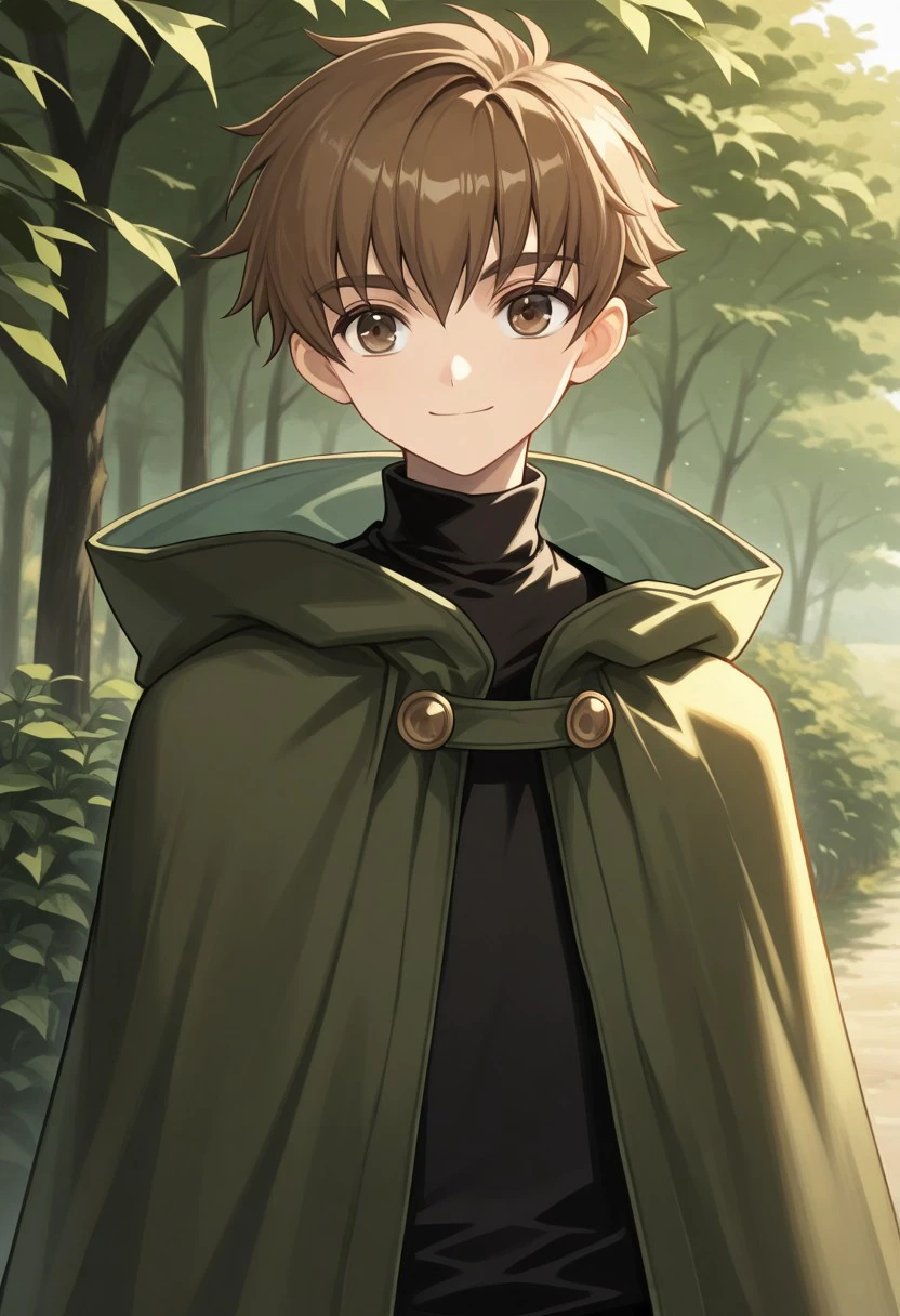 masterpiece, best quality, 
shaoran, 1boy, male focus, solo, brown eyes, brown hair, short hair, cloak, green cloak, hooded cloak, hood, shirt, turtleneck, black shirt, smile
outdoor,