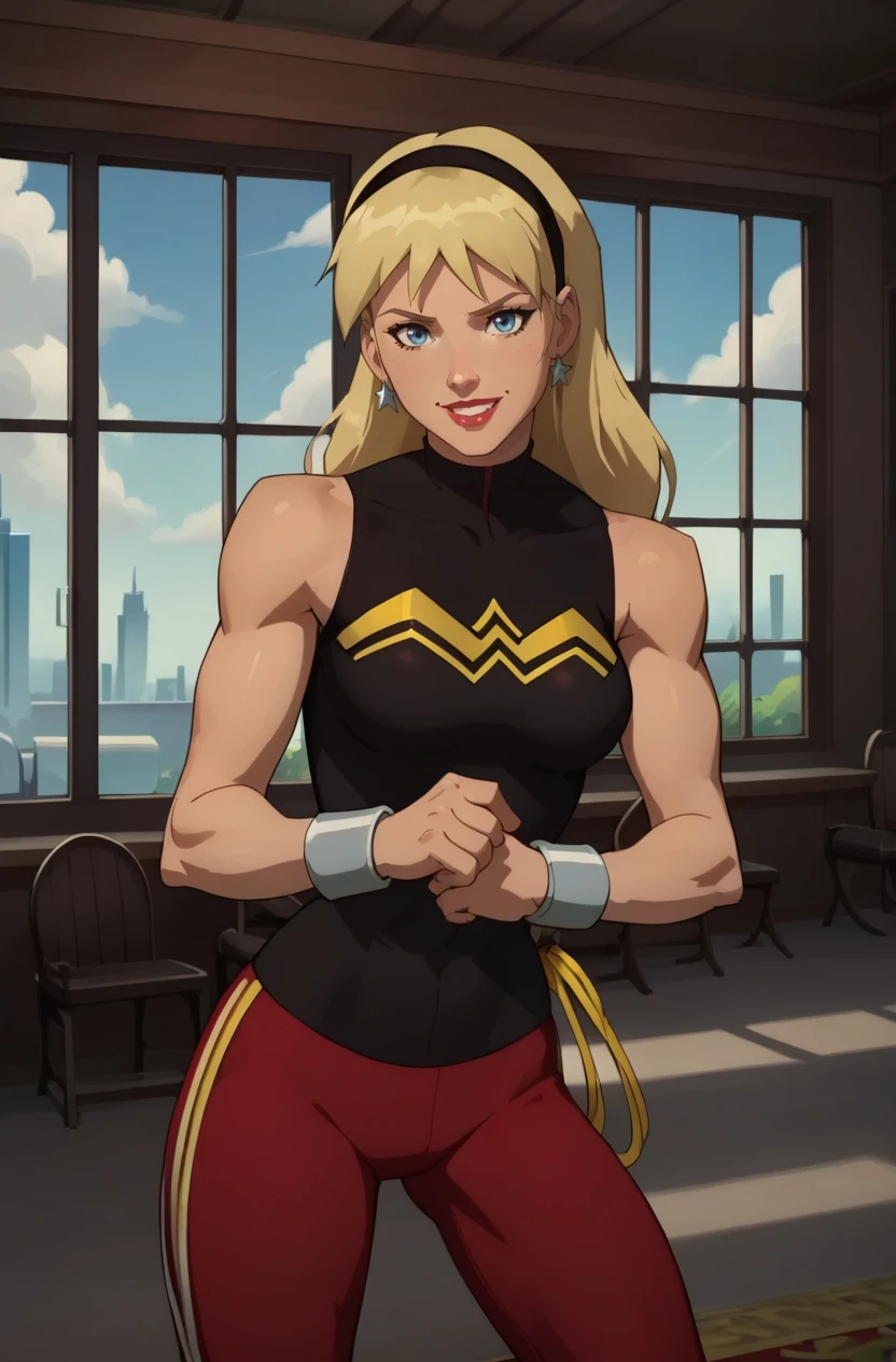 score_9, score_8_up, score_7_up, score_6_up, masterpiece, high quality, perfect face, perfect eyes, Cassie, 1girl, blonde hair, long hair, blue eyes, hairband, black turtleneck, sleeveless, earrings, bracers, track pants, sneakers, red pants, jewelry, indoors, smile, lipstick, black shirt, bare shoulders, looking at viewer
<lora:YJCassie-120reps:1>