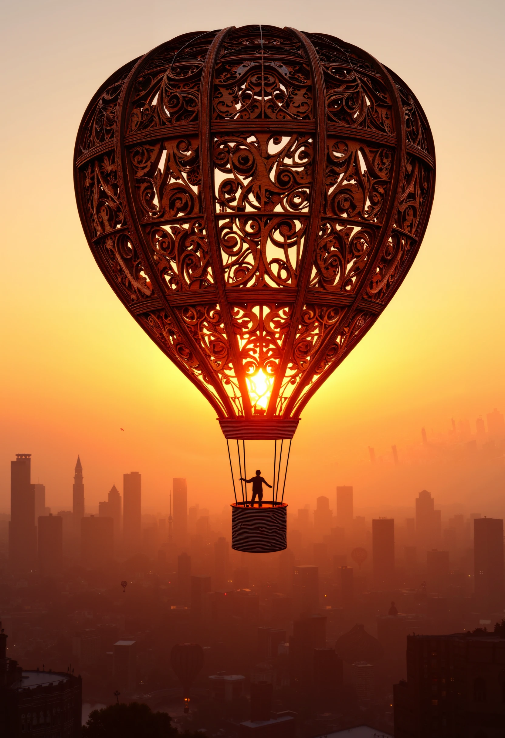 Laser cut, layered wood, a hot air balloon made of intricately laser cut patterns floating over a cityscape at sunset. a silhouette of a person standing in the basket.