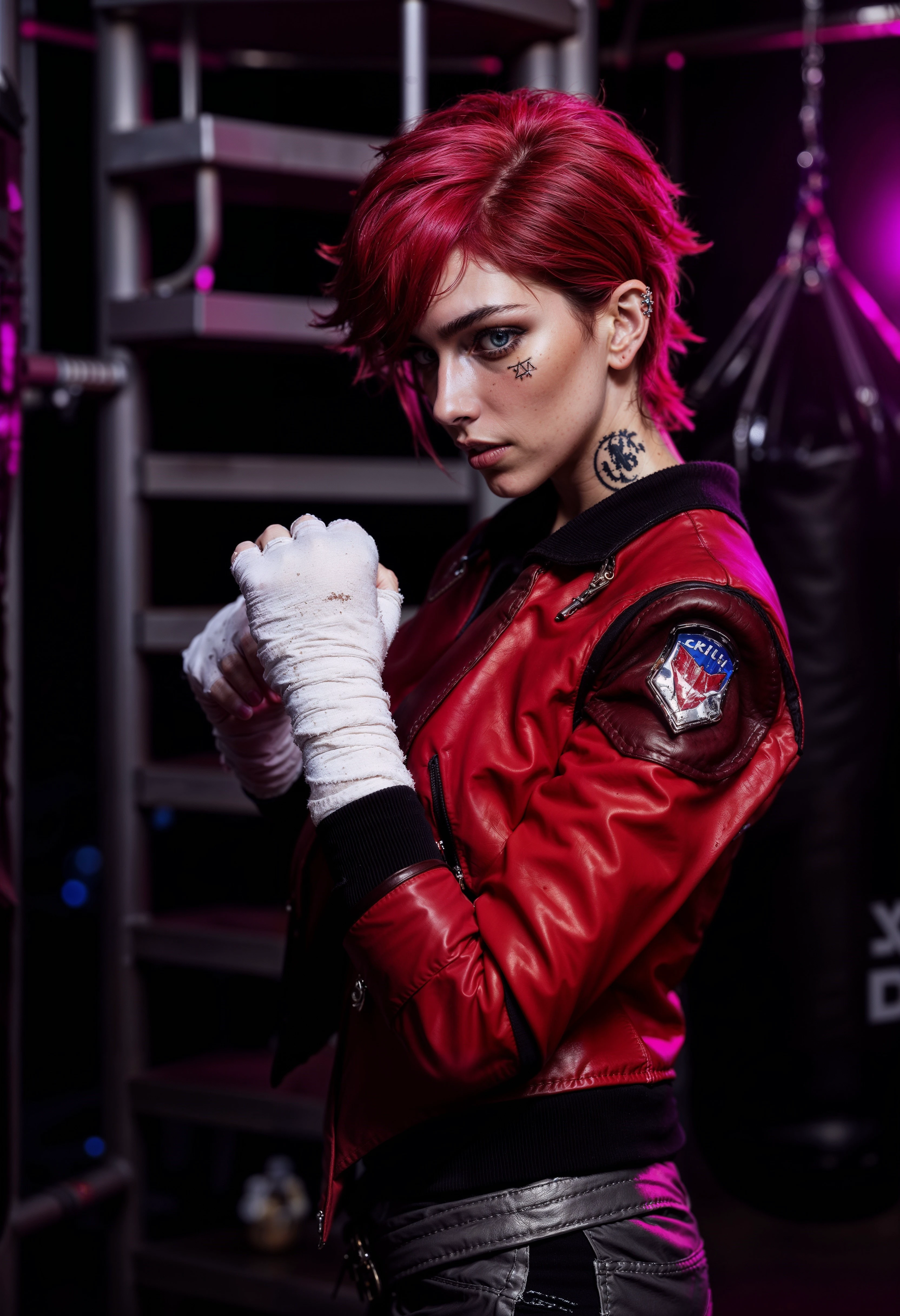 ViA, a dramatic, low-light portrait featuring a girl with short, vibrant hair styled in a modern, edgy cut. The girl has a fair skin tone and is dressed in a striking red leather jacket with black accents, including a patch on the shoulder. Her hands are wrapped in white bandages, suggesting a boxing or martial arts theme. The person is posed in a fighting stance, with a focused expression, emphasizing their determined demeanor. The background is dimly lit, with a metal staircase and a punching bag partially visible, adding to the gritty, industrial atmosphere. The lighting casts a pinkish hue on the subject, enhancing the intense and dynamic mood of the scene. <lora:FluxMythP0rtr4itStyle:0.6> <lora:Midjourney_Dreamlike_Fantasy_FLUX_LoRA:0.6> <lora:Elden_Ring_-_Yoshitaka_Amano:0.33> <lora:FluxViA:1>