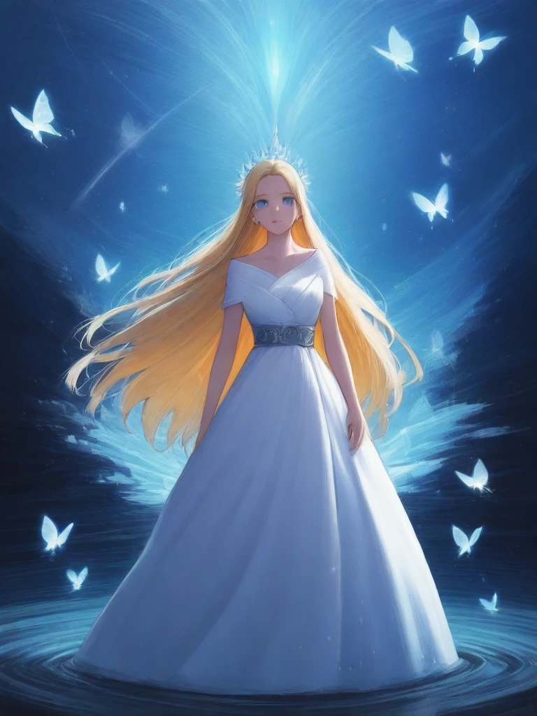 sysdeep_latifah, blonde hair, blue eyes, solo glittering white gown, glowing butterflies, standing on a floating crystal shard, serene glow, style parody,art painterly effect,brush stroke, <lora:Alena_Aenami_Art_Style-GMR:1>