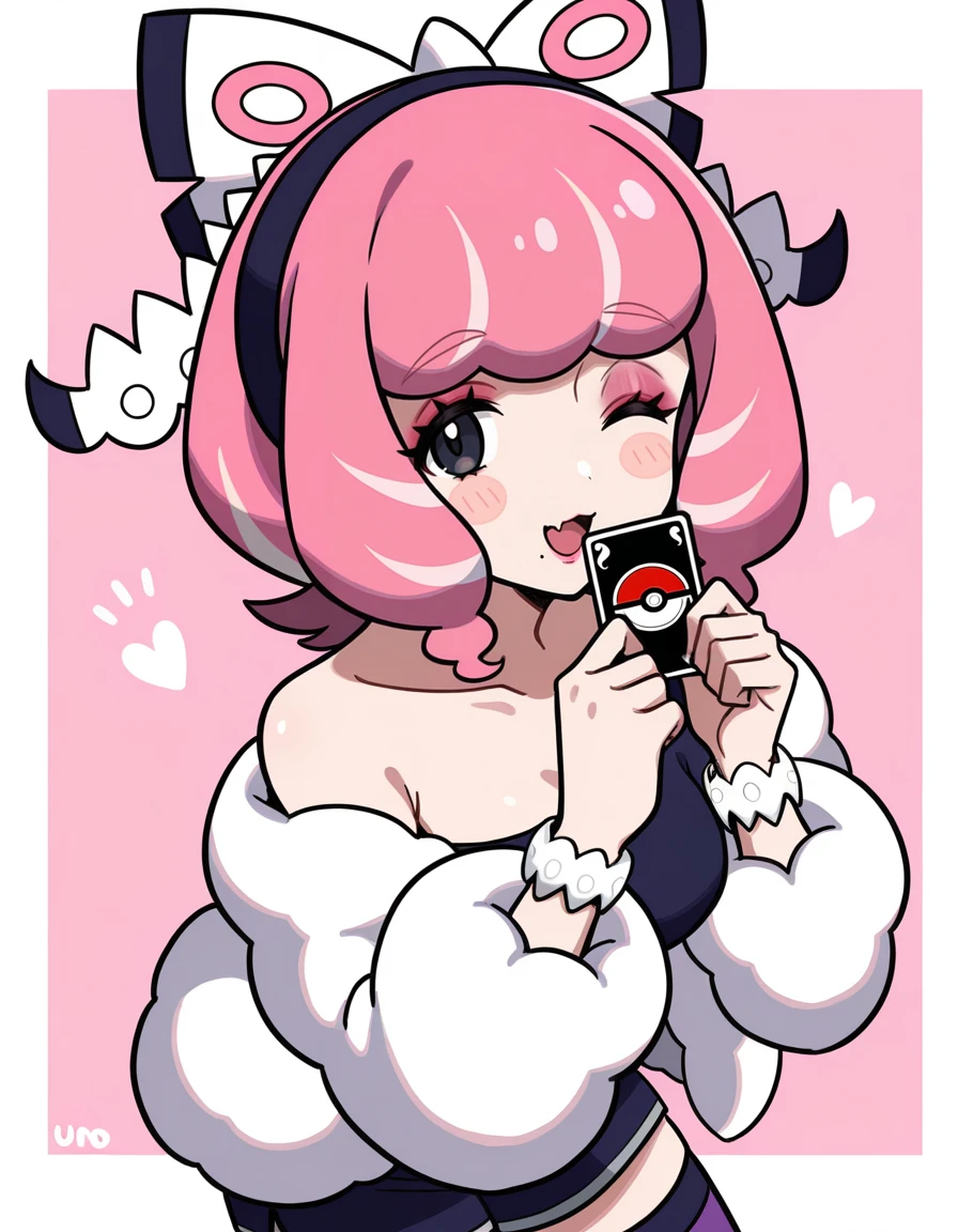 masterpiece, best_quality, absurdres,<lora:klara_pokemon_il:1> klara_pokemon, short_hair, pink_hair, drill_hair, hairband, mole_under_mouth,  eyeshadow, pink_lips, bracelet, flipped_hair, white_jacket, jewelry,  thighhighs, asymmetrical_legwear,  by_minanyang, smile, black_sclera, skin_fang, off_shoulder, character_name, 1girl, :d, open_mouth, looking_at_viewer, colored_sclera, one_eye_closed, twintails, chromatic_aberration, collarbone, blush_stickers, uno_game, solo, fang, cat_ear_legwear, card, animal_ear_legwear, abstract_background, upper_body, heart, hands_up, vignetting, no_nose