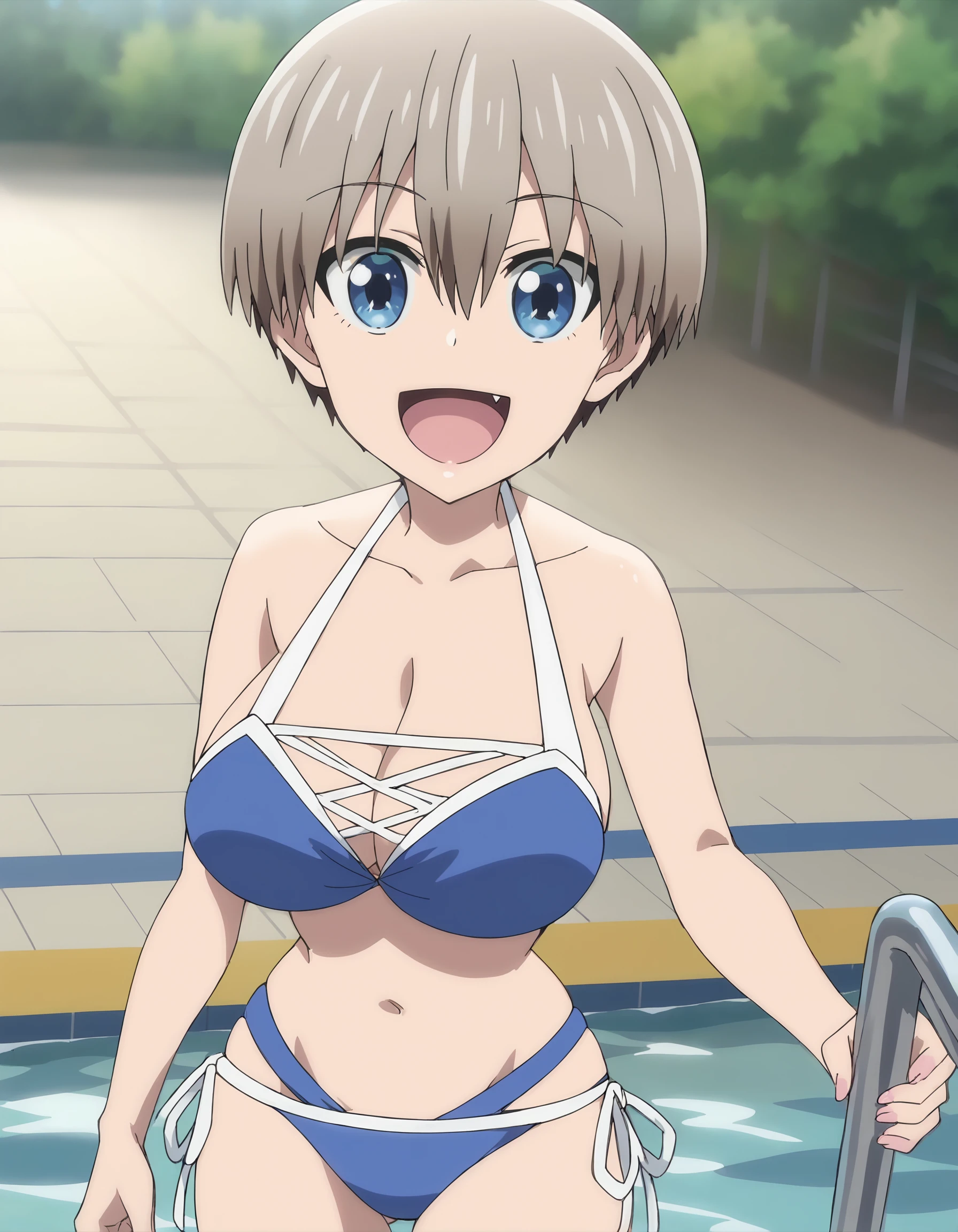 Browsing Caution, Highest quality, High resolution, Beach,One Girl, Huge breasts, One Girl,short hair,blue eyes,bangs,teeth,Grey Hair,Hair between the eyes, blush, smile, View your audience, Cowboy Shot, White micro bikini　Ahegao　Bitch　Nearly naked　Spread your legs　Stimulates ejaculation　sexy　Close-up