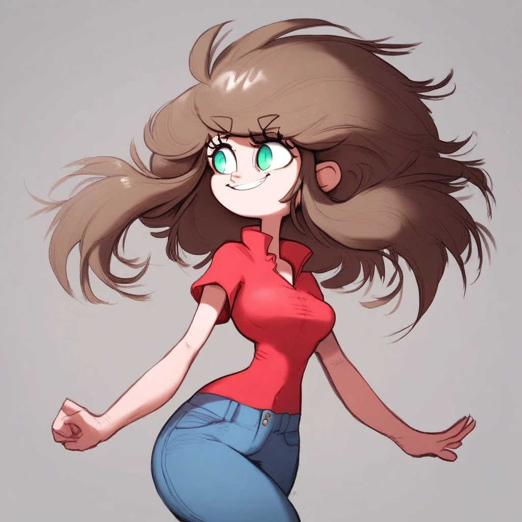 score_9, score_8_up, score_7_up, radicalsoda, 1girl, poppy, brown hair, large hair, medium breasts, red shirt, jeans, smiling, green eyes, standing straight, simple background