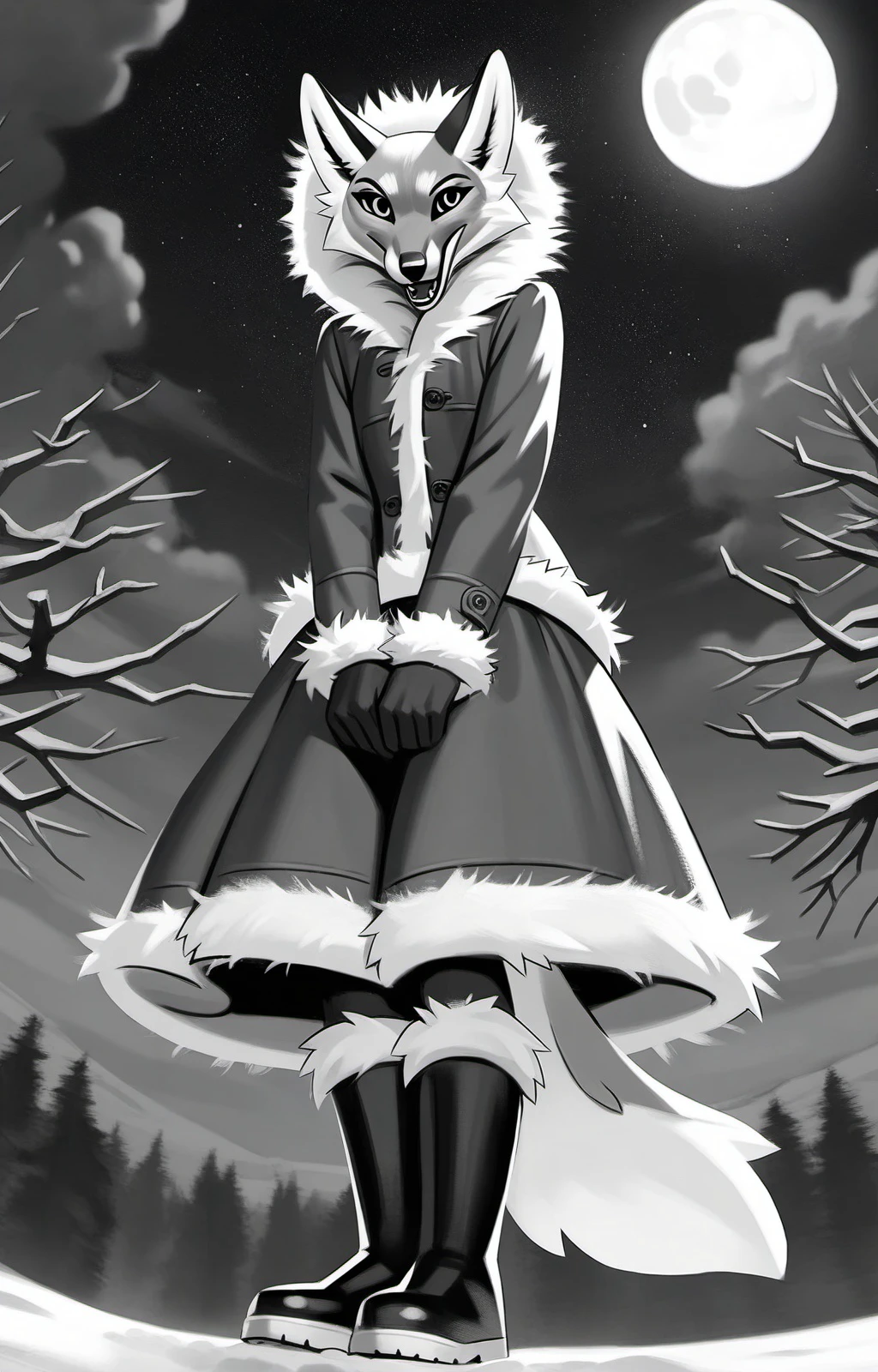 masterpiece, best quality, <lora:alice_the_vixen_obsession_v1:1> alice_the_vixen, 1girl, solo, looking at viewer, open mouth, skirt, long sleeves, animal ears, jacket, monochrome, outdoors, greyscale, boots, horns, sky, cloud, coat, tree, fur trim, night, from below, moon, furry, star \(sky\), night sky, full moon, starry sky, v arms, fur-trimmed sleeves, bare tree