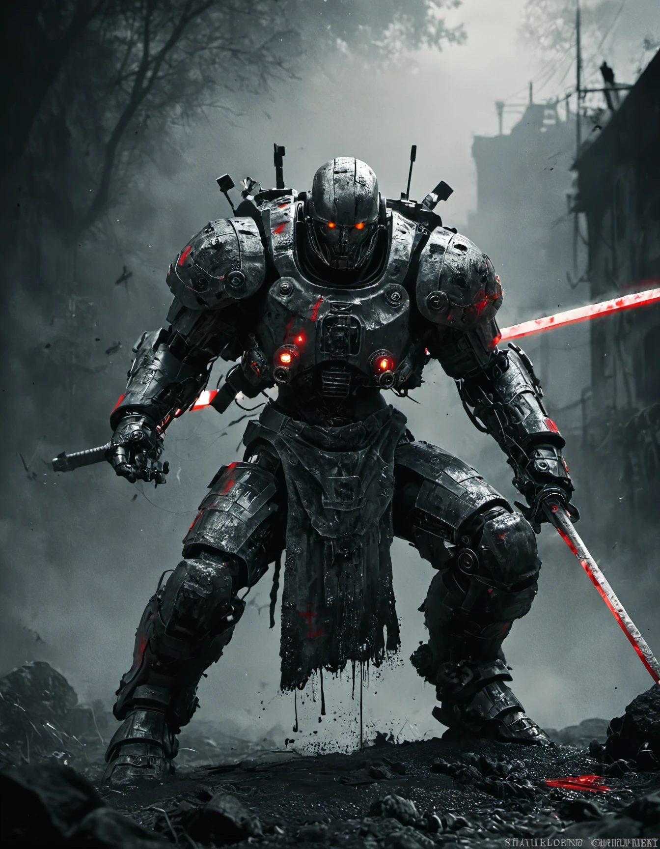 concept art, black and white, war cyborg warrior, muscular, mechanical parts, power armor, holding awesome sword,  battleground, foggy, ink-wash,   volumetric lighting,
cinematic photo still, perspective, dynamic pose, .score_9, score_8_up, score_7_up,