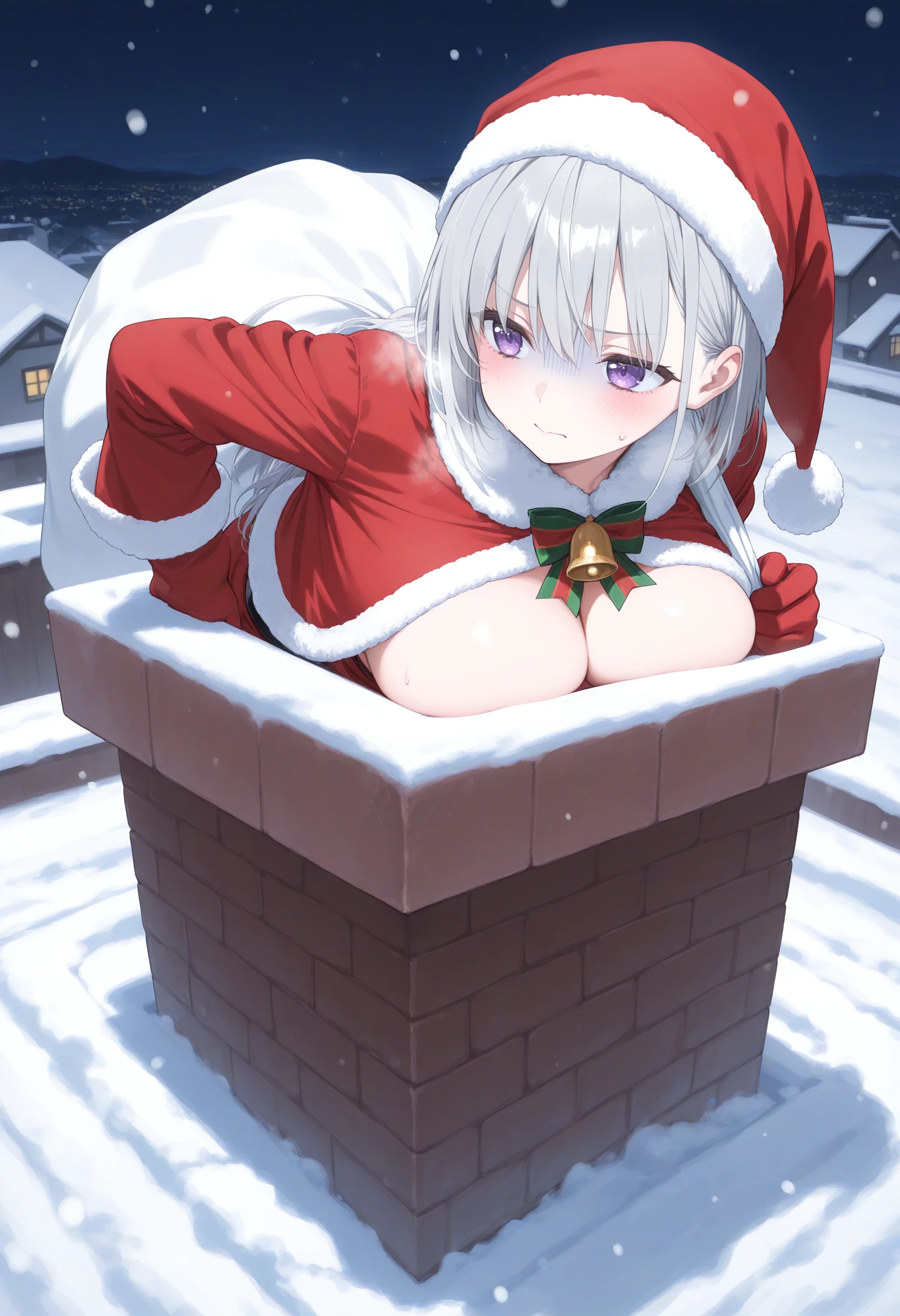 1girl,(sho \(sho lwlw\):0.7),(toosaka asagi:0.5),(sincos:0.3),solo,
masterpiece, best quality, newest, absurdres, CG, anime, source anime, illustration,
large breasts, santa costume, christmas, santa hat,pom pom (clothes),
chimney,rooftop,  snowing,  sack,  <lora:chimney_Illust_v1:0.8>
sweatdrop, night , stuck, holding sack, breath,
dutch angle, wide shot, looking up, gloom \(expression\), ice field, closed mouth