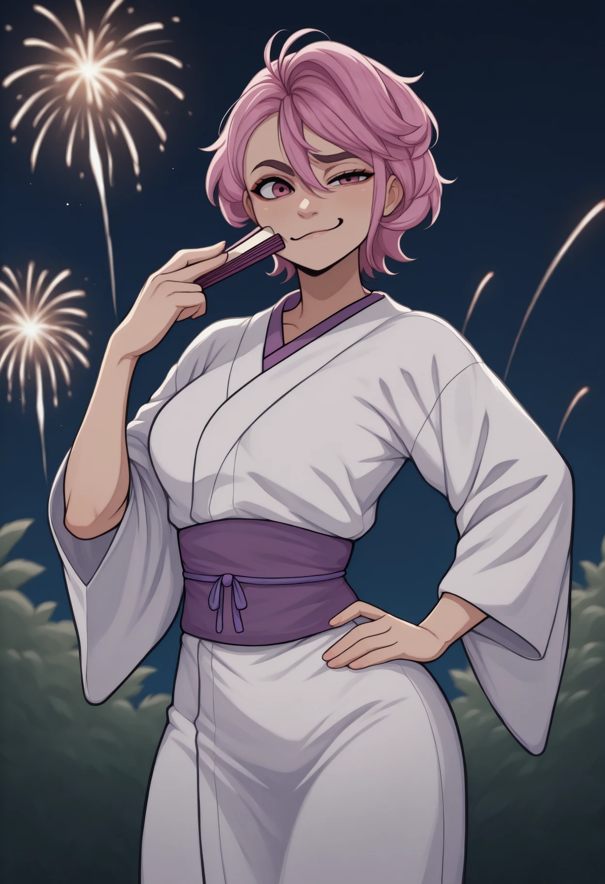 anime, masterpiece, best quality, <break> solo, 1girl, shirat0ri, smug, looking at viewer, standing, holding fan, folding fan, hand on own hip, short hair, pink hair, hair between eyes, pink eyes, uneven eyes, japanese clothes, white kimono, purple sash, obi, outdoors, night, fireworks
<segment:yolo-Anzhc Face seg 640 v2 y8n.pt,0.4,0.5//cid=1>