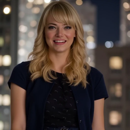 cheerful expression. She has a light skin tone and her hair is blonde, and is wearing a navy blue cardigan over a dark top with a subtle pattern. She has a slender build and is dressed in a professional manner, short-sleeved dress with a scoop neck and a belt cinched at the waist, bright blue eyes. She has long, voluminous waves that frame her face. Her complexion is fair, urban setting at night. The main subject is a young woman with light skin and platinum blonde hair styled in a sleek ponytail with bangs. She has a slender build and is wearing a light blue dress. Her expression is one of surprise or slight concern, her hair styled in a neat