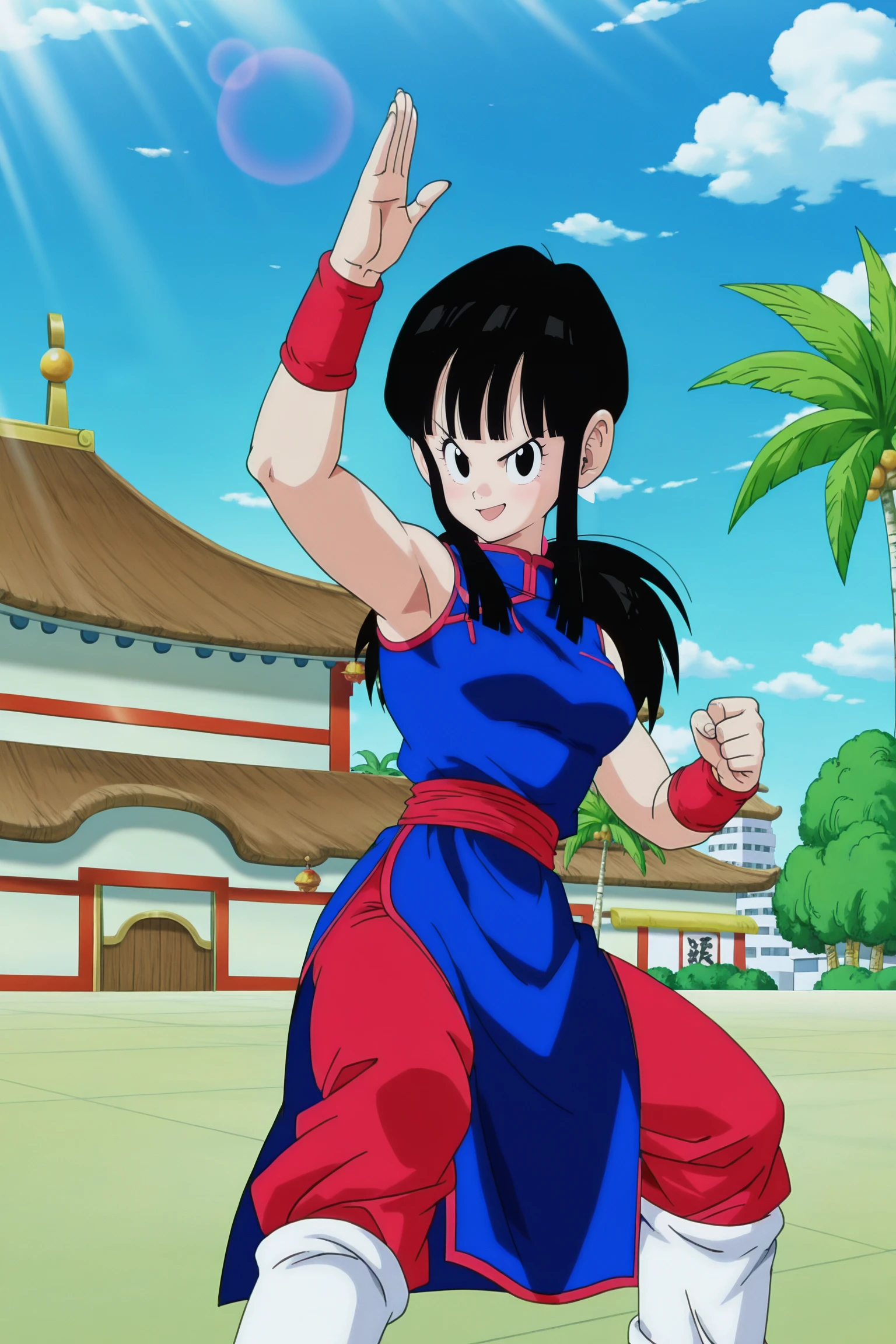 anime screencap, absurdres, high quality, official style,
chi-chi, dragon ball \(classic\), classic outfit, 1girl, solo, long hair, breasts, looking at viewer, smile, open mouth, bangs, black hair, standing, ponytail, :d, sidelocks, white leg warmers, outdoors, sky, sleeveless, day, red pants, cloud, blunt bangs, black eyes, tree, blue sky, v-shaped eyebrows, sash, eyelashes, blue dress, chinese clothes, white footwear, cloudy sky, building, red wristband, china dress, fighting stance, palm tree, (red sash), world martial arts tournament arena, feet out of frame, dappled sunlight, light rays, lens flare, 
 <lora:Chi_Chi_IL:0.8>