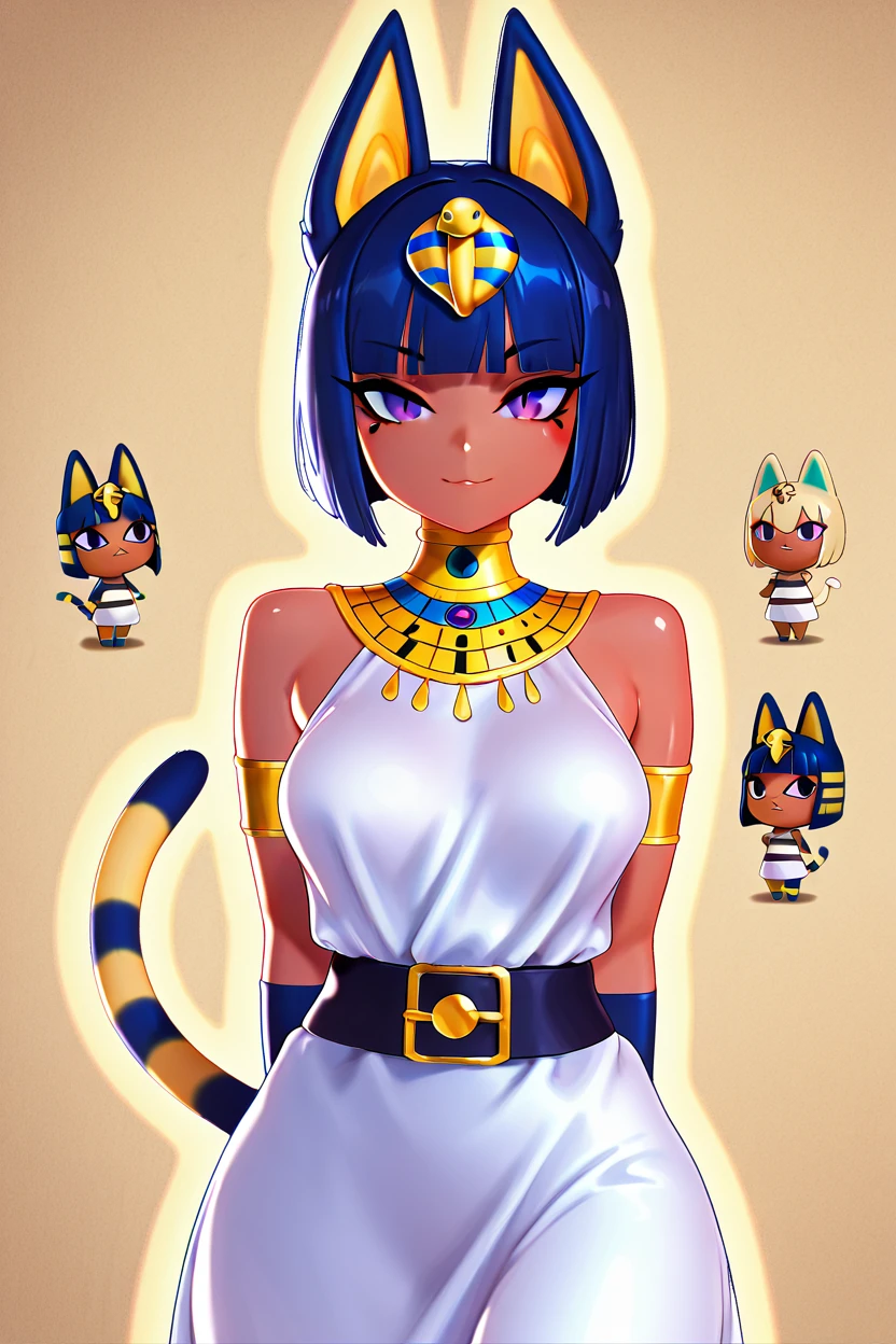 masterpiece, best quality, medium breasts, (curvy),   BREAK,  zzAnkha, animal crossing, animal ears, armlet, bare shoulders, belt, blonde hair, blue hair, blunt bangs, blunt ends, bob cut, cat ears, cat girl, cat tail, cropped, daniel deng, dark skin, dress, eye of horus, eyelashes, eyes visible through hair, facial tattoo, humanization, purple eyes, shiny skin, short hair, slit pupils, tattoo, usekh collar, white dress, <lora:AnkhaIXL:1.0>, smile, looking at viewer, cowboy shot,  <lora:Zy0n7IXL_v1:1.0>,