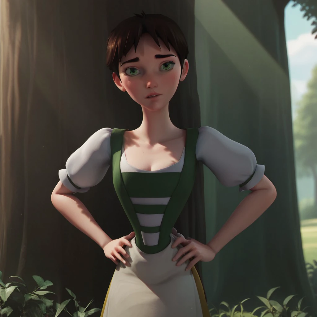 score_9, score_8, score_7, break, ella_hna, 1girl, short hair, brown hair, green eyes, dress, waist apron, hands on hips, looking at viewer, trees, outdoors, sunlight, shadows, natural lighting