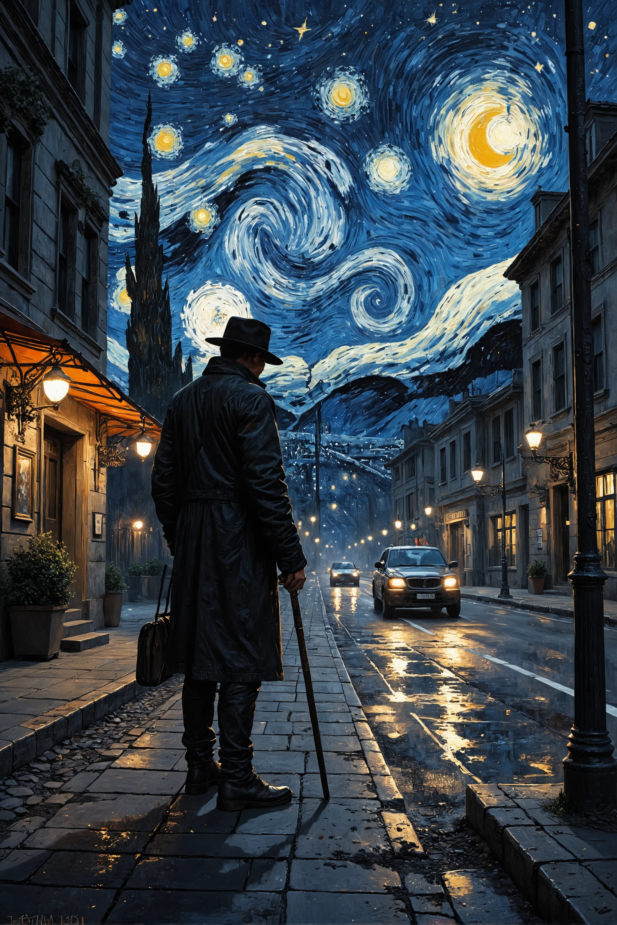 an oil painting of a male murderer silhouette on the street, style of van gogh, starry night vibes, expressionism, gloomy, dark tones, unforgettable, emotional depth. (vibrant masterpiece, (8k1.5), UHD, very detailed, high-quality, best artist, sharp edges, detailed textures, full view, atmospheric lighting, stunning visuals)