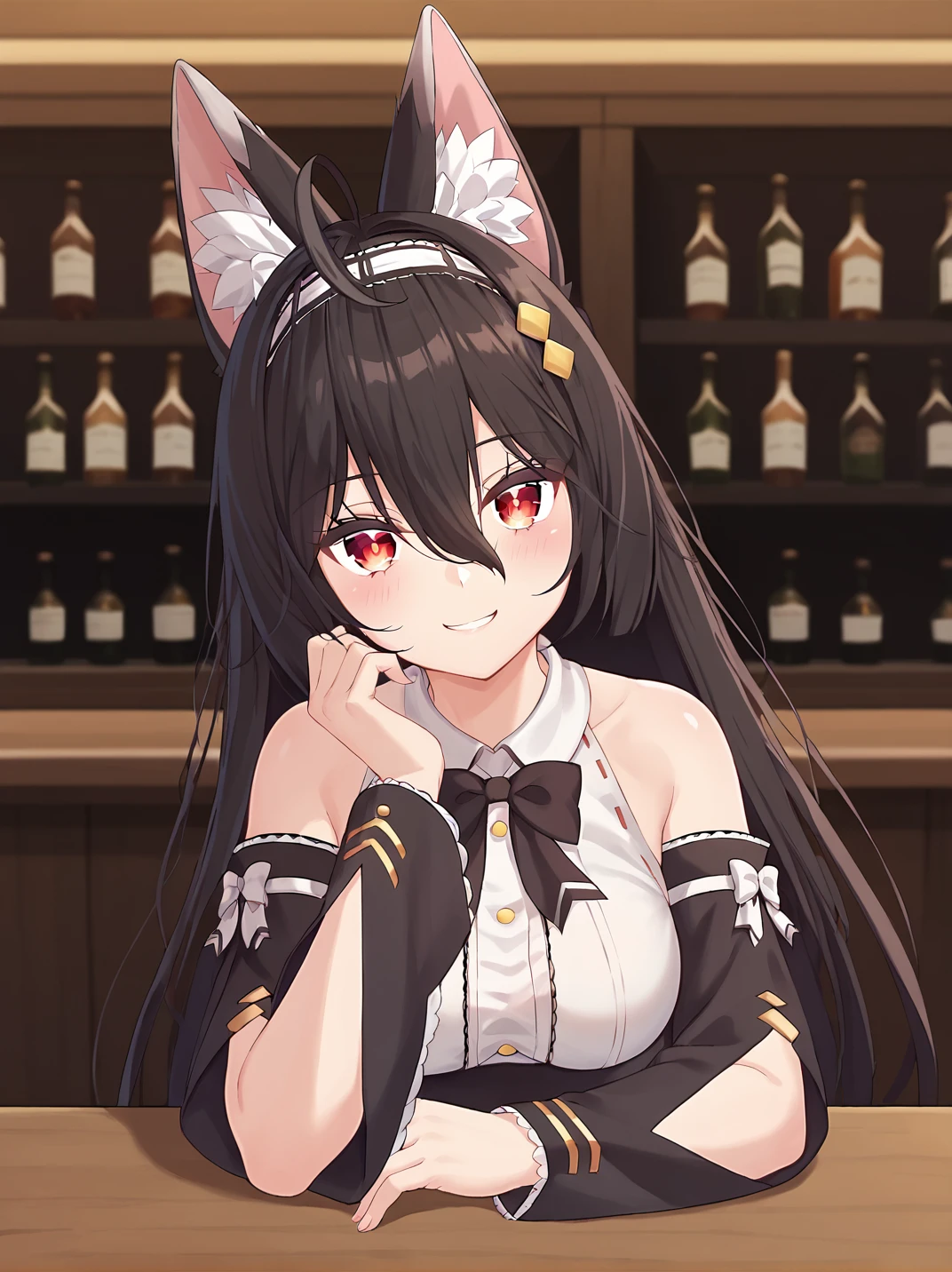 score_9, score_8_up, score_7_up, score_6_up, source_anime, anime, rating_explicit, masterpiece, best quality, highres, BREAK
1girl, vrckokoa, smile, red eyes, hairband, hair_ornament, fox ears, upper body, against table, bar counter, head tilt, happy, sitting, white shirt, detached sleeves, looking at viewer,<lora:VRChat_Kokoa_v01:1>