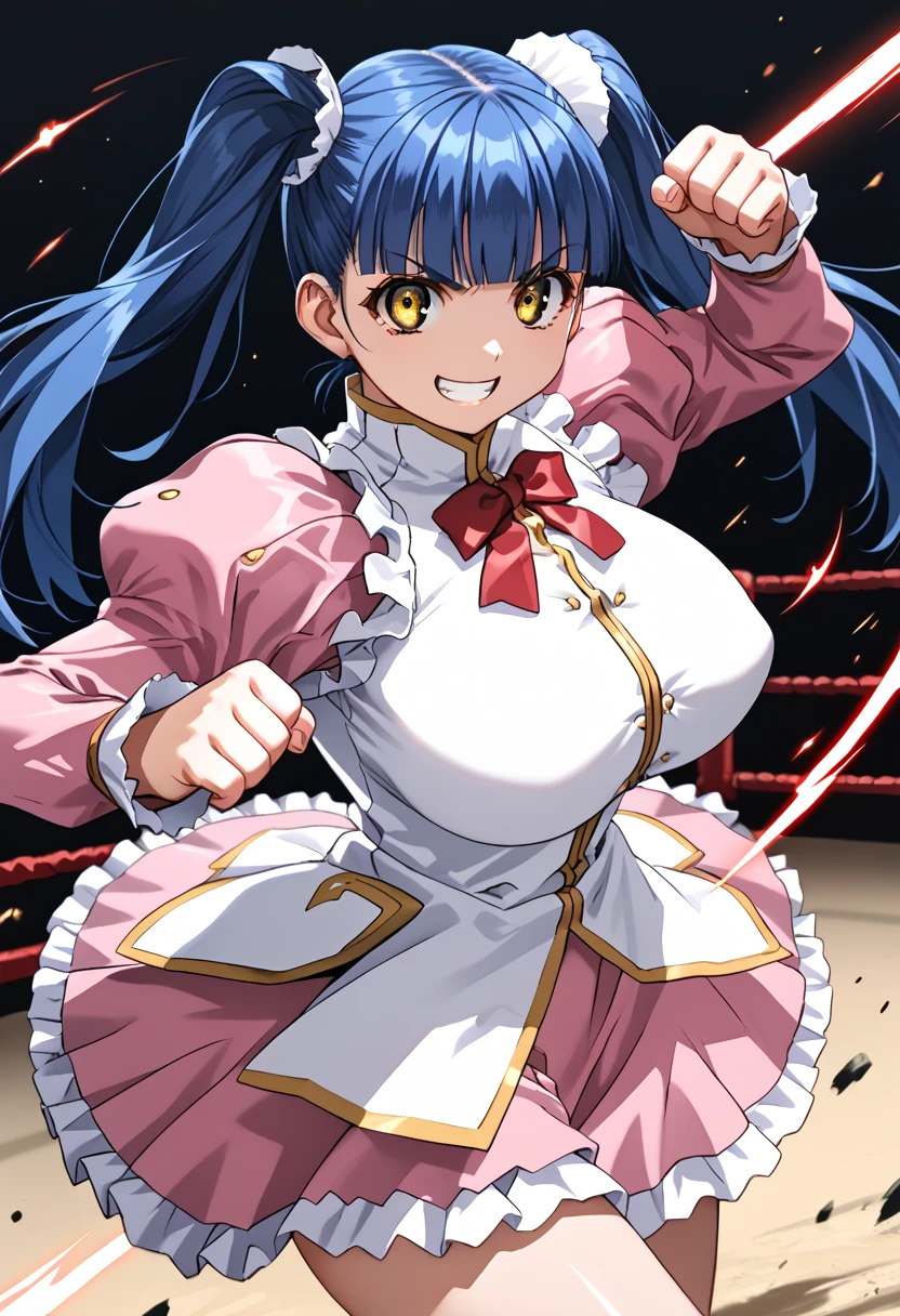 score_9, score_8_up, score_7_up, source_anime BREAK 1girl, solo, <lora:gravion_chuiru:1>, gravion_chuiru, dress, puffy sleeves, long sleeves, pink sleeves, red bow tie, frilled skirt, pink skirt, legs, large breasts, blue hair, hair ornament, blunt bangs, twintails, yellow eyes, looking at viewer, grin, evil smile, open mouth, (fighting stance, dynamic pose:1.3)