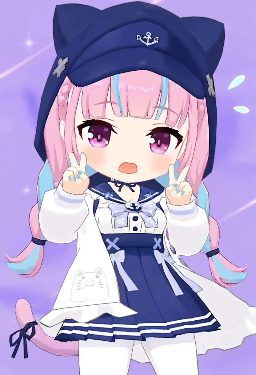 chibi,
minato aqua \(sailor\),1girl,animal hood,baseball cap,black ribbon,blue hair,blue hat,blue nails,blue skirt,blunt bangs,braid,cat hood,cat tail,double v,fingernails,hat,high-waist skirt,hood,hood up,hooded jacket,jacket,long hair,long sleeves,looking at viewer,miniskirt,multicolored hair,nail polish,official alternate costume,official alternate hairstyle,open clothes,open jacket,open mouth,pantyhose,pleated skirt,purple eyes,purple hair,purple tail,ribbon,sharp fingernails,skirt,solo,streaked hair,sweat,tail,tail ornament,tail ribbon,twin braids,v,virtual youtuber,white pantyhose,
masterpiece,best quality,high definition,ultra-detailed,<lora:ba-000200:1>,