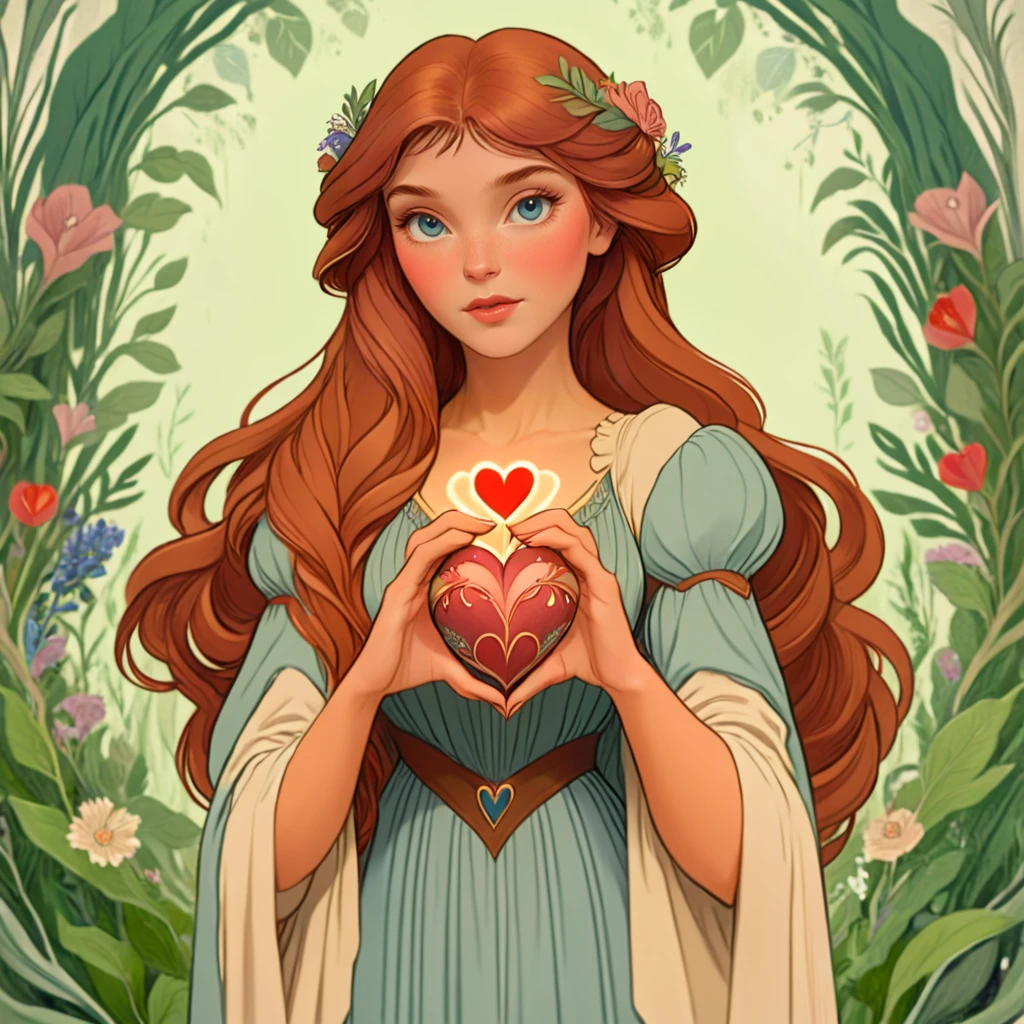 <lora:Disney_NouveauSDXL:1> ArsMJStyle, Disney Nouveau, The image shows a woman with long red hair holding a heart in her hands surrounded by plants and flowers. She appears to be a princess with a regal and majestic look on her face., 1girl, solo, long hair, brown hair, flower, blue eyes, looking at viewer, dress, magic, lips