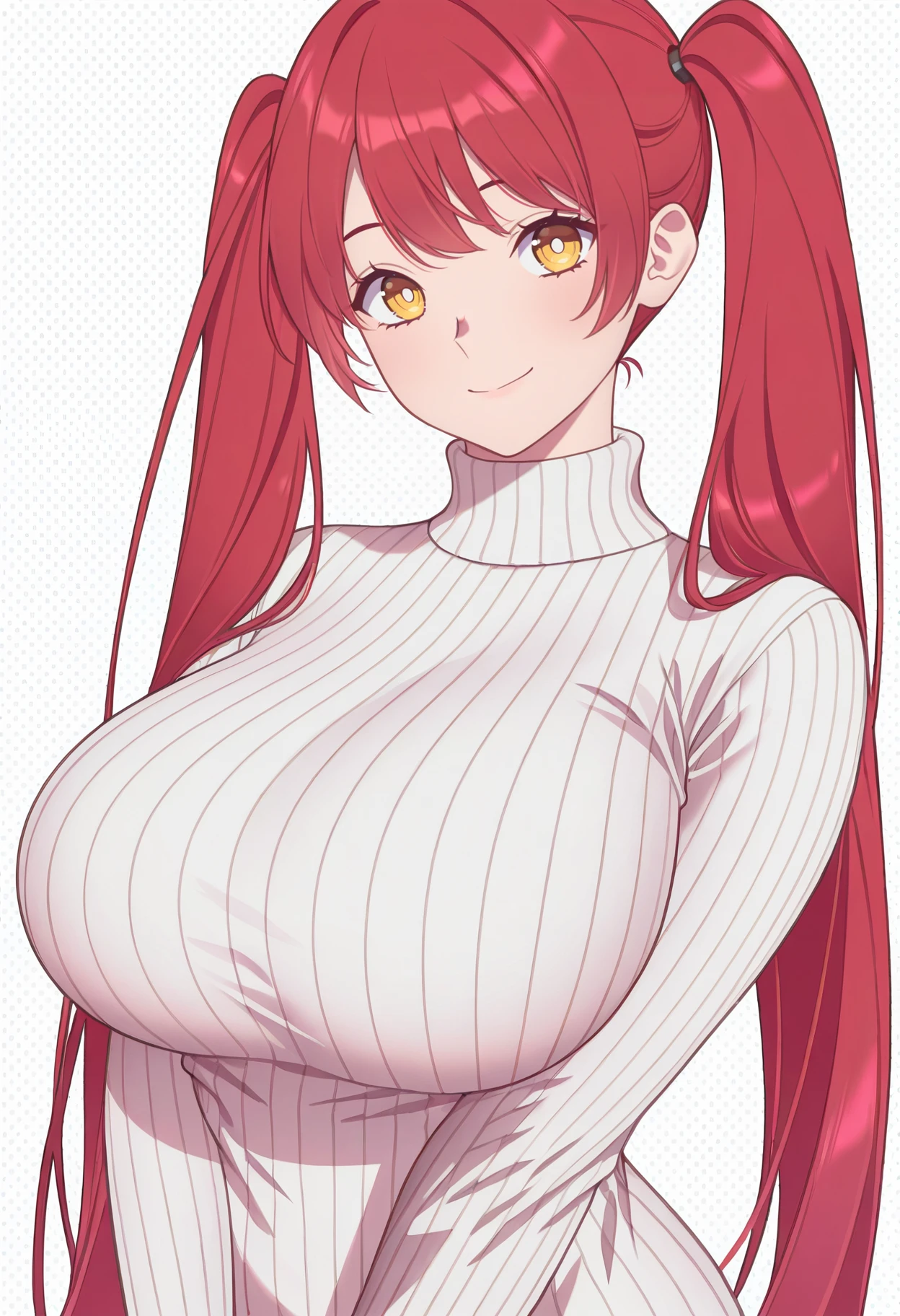 masterpiece, best quality, hires, absurdres, newest, 1girl, solo, <lora:aja-artist-richy-v1_ixl:1> red hair, twintails, very long hair, yellow eyes, huge breasts, turtleneck sweater, white sweater, ribbed sweater, simple background, patterned background, dotted background, smile, closed mouth, looking at viewer,