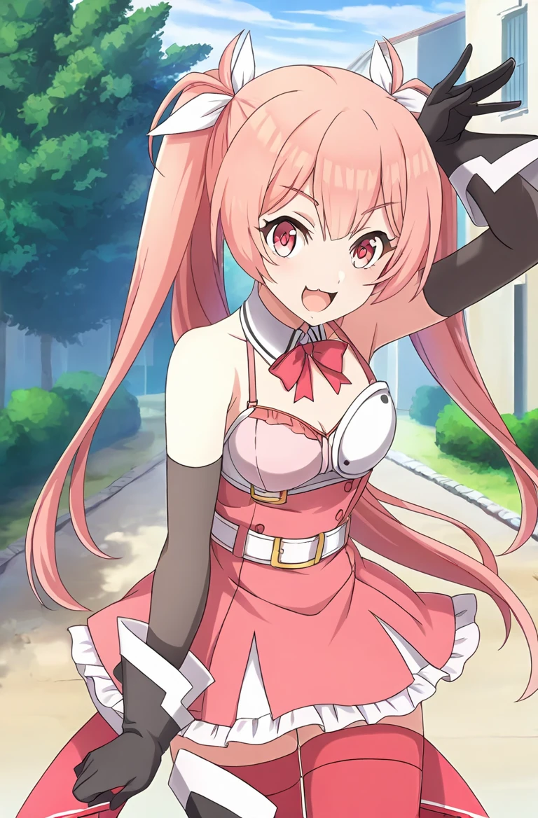 Anime screencap,masterpiece,best quality, 1girl, solo, Erika-Liver020-Wattpad, pink hair, bangs, pink skirt, hair ribbon, frills, pink eyes, thighhighs, white belt, brown belt, bowtie, ribbon, black gloves, twintails, detached sleeves, black sleeves, suspenders, detached collar, long stockings, pink stockings, pink bra, pink skirt, white half-chest armor