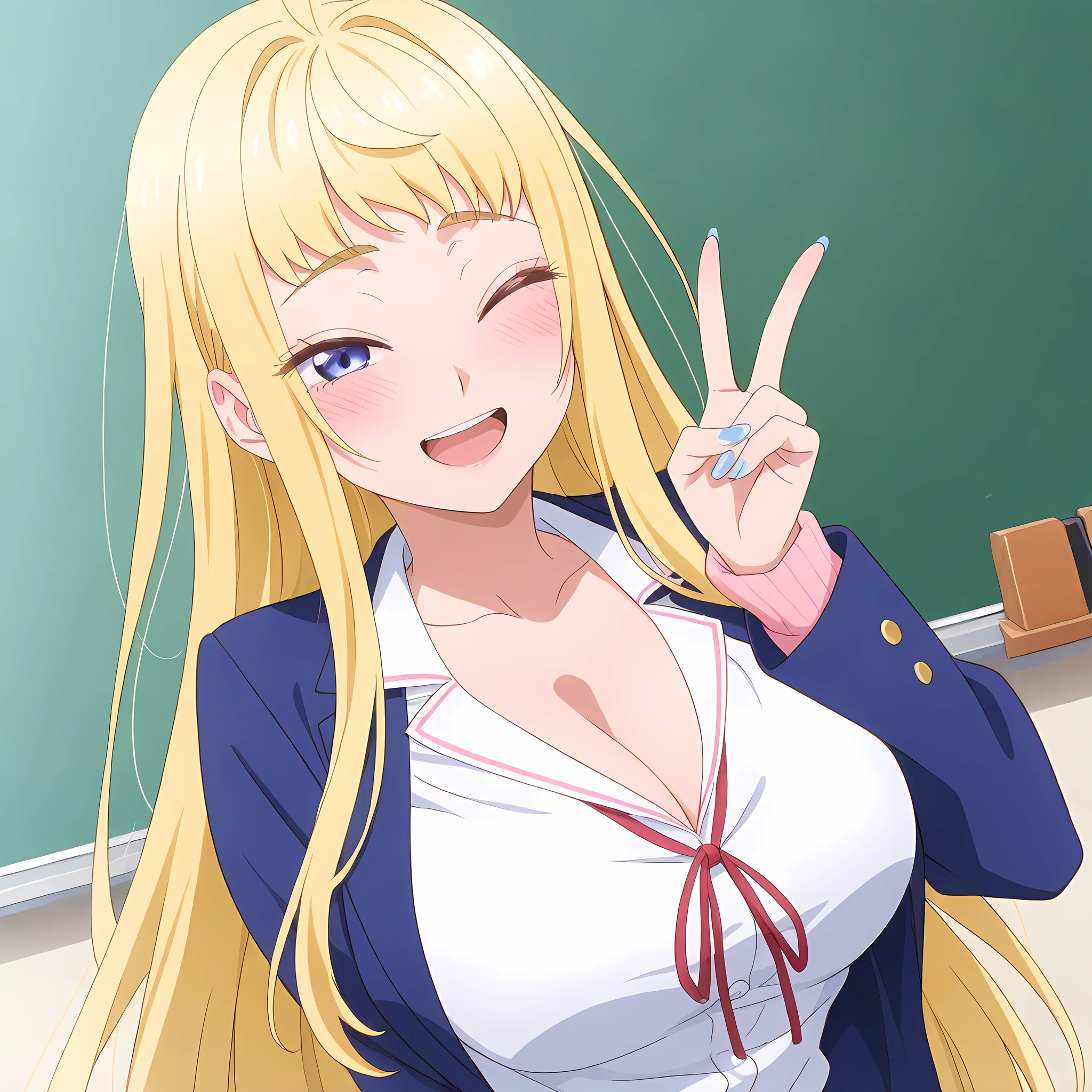 minami_fuyuki, 1girl, blonde hair, one eye closed, cleavage, blue eyes, solo, long hair, jacket, blue nails, large breasts, smile, blue jacket, nail polish, open mouth, school uniform, looking at viewer, shirt, v, white shirt, chalkboard, bangs, upper body, blush, anime coloring<lora:Minami_Fuyuki:1>, (masterpiece),(best quality),(ultra-detailed),(best illustration),(best shadow),(absurdres),(detailed background),(very aesthetic),