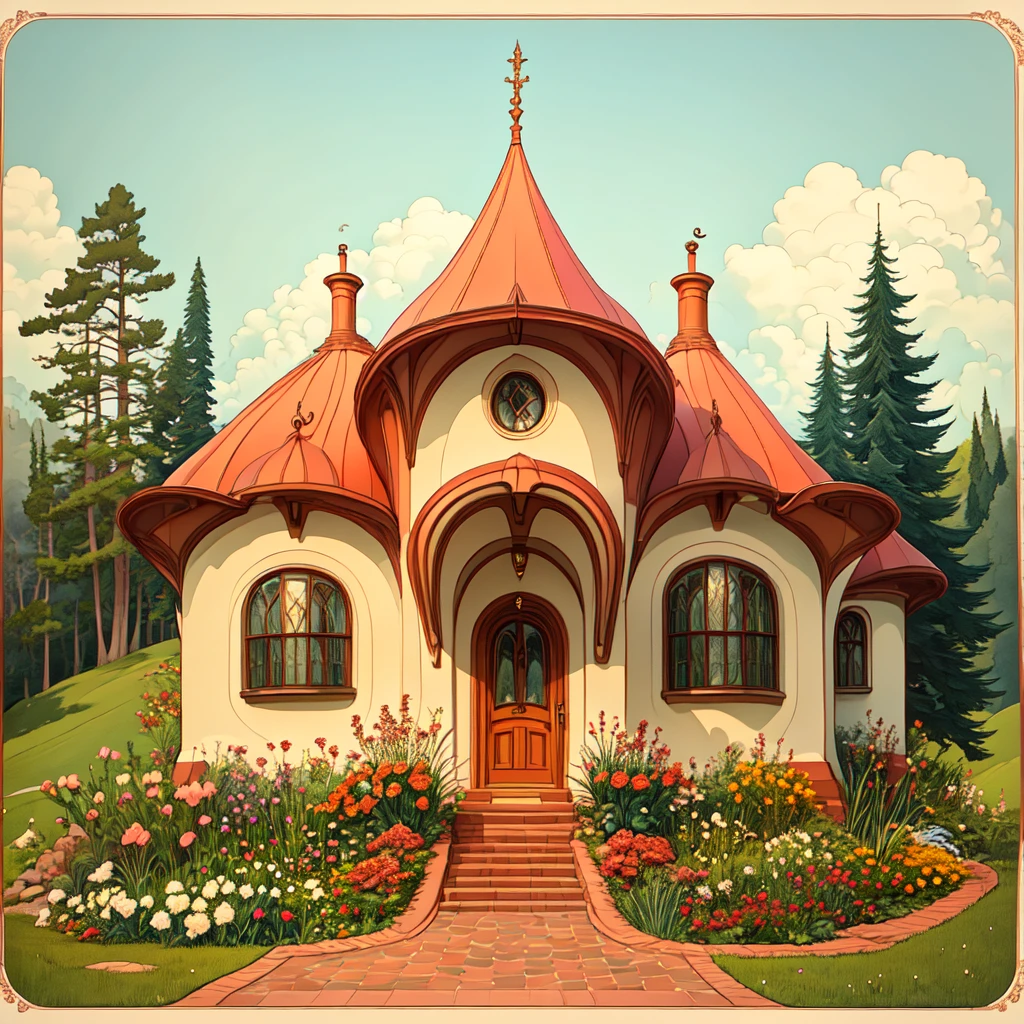 <lora:Disney_Nouveau:1> ArsMJStyle,Disney Nouveau, The image shows a house with a red roof and a walkway in front of it surrounded by lush green grass vibrant flowers tall trees and fluffy white clouds in the sky., no humans, flower, tree, outdoors, scenery, sky, cloud, grass, day, path