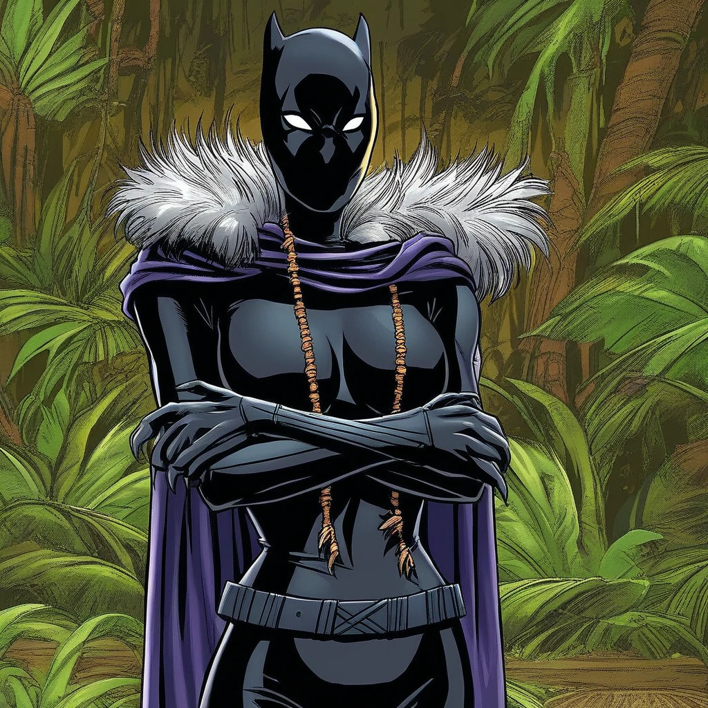 jungle, jungle background, day, day time, 2d, 1girl, masterpiece, best quality, extreme detail, hourglass figure, wide hips, round boobs, bubble butt, medium breasts, slim waist, mature female, BlackPanther, Shuri, Marvel, white eyes, no pupils, black bodysuit, bodysuit, black gloves, black boots, mask, black mask, covered face, no mouth, belt, black belt, cape, purple cape, jewelry, necklace, fur trim, claws,  close up, looking at viewer, arms crossed,