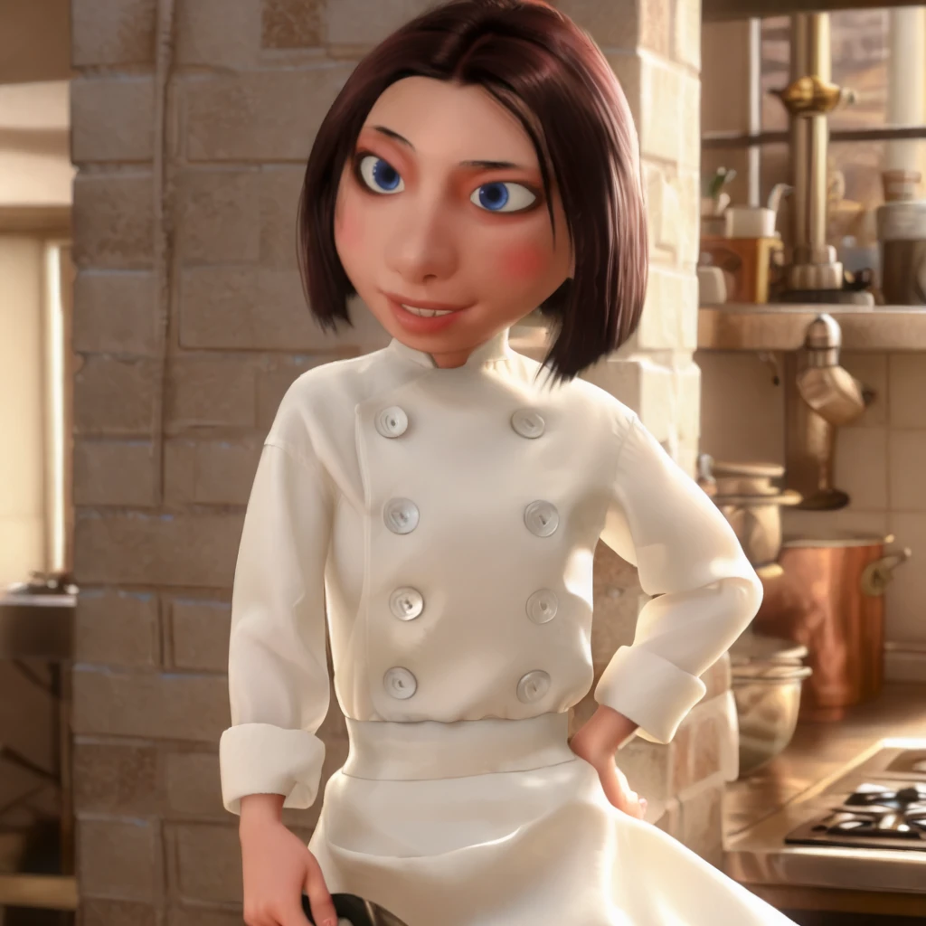 <lora:colette_pony_v1:1>  Colette, blue eyes, brown hair, 1girl, short hair, chef, buttons, long skirt, long sleeves, cowboy shot