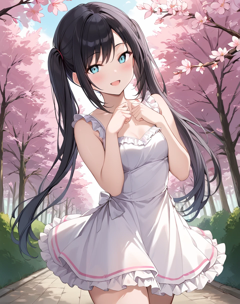 hikari_tachibana, black hair, long hair, aqua eyes, small breasts, twintails, white dress, sleeveless, frilled dress BREAK outdoors, park, cherry blossom trees BREAK looking at viewer, sexy face, cute pose, sexy smile, open mouth, cowboy shot, BREAK score_9, score_8_up, score_7_up, source_anime ,zPDXL, <lora:Hikari_Tachibana:0.8>