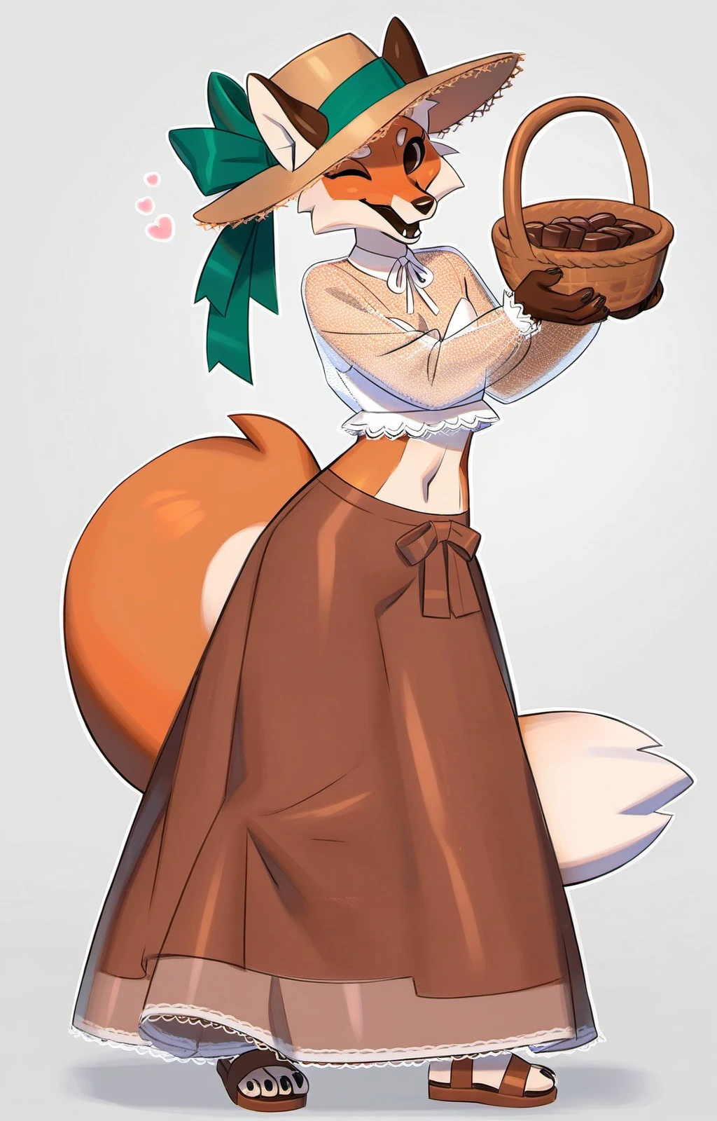 masterpiece, best quality, <lora:alice_the_vixen_obsession_v1:1> alice_the_vixen, 1girl, solo, looking at viewer, open mouth, simple background, shirt, skirt, long sleeves, white background, hat, holding, navel, animal ears, ribbon, standing, tail, full body, heart, food, one eye closed, midriff, crop top, see-through, fox ears, fox tail, fangs, sandals, fox girl, hat ribbon, furry, long skirt, brown skirt, furry female, brown headwear, chocolate, green ribbon, basket, body fur, white fur, animal nose, brown fur, fox, snout