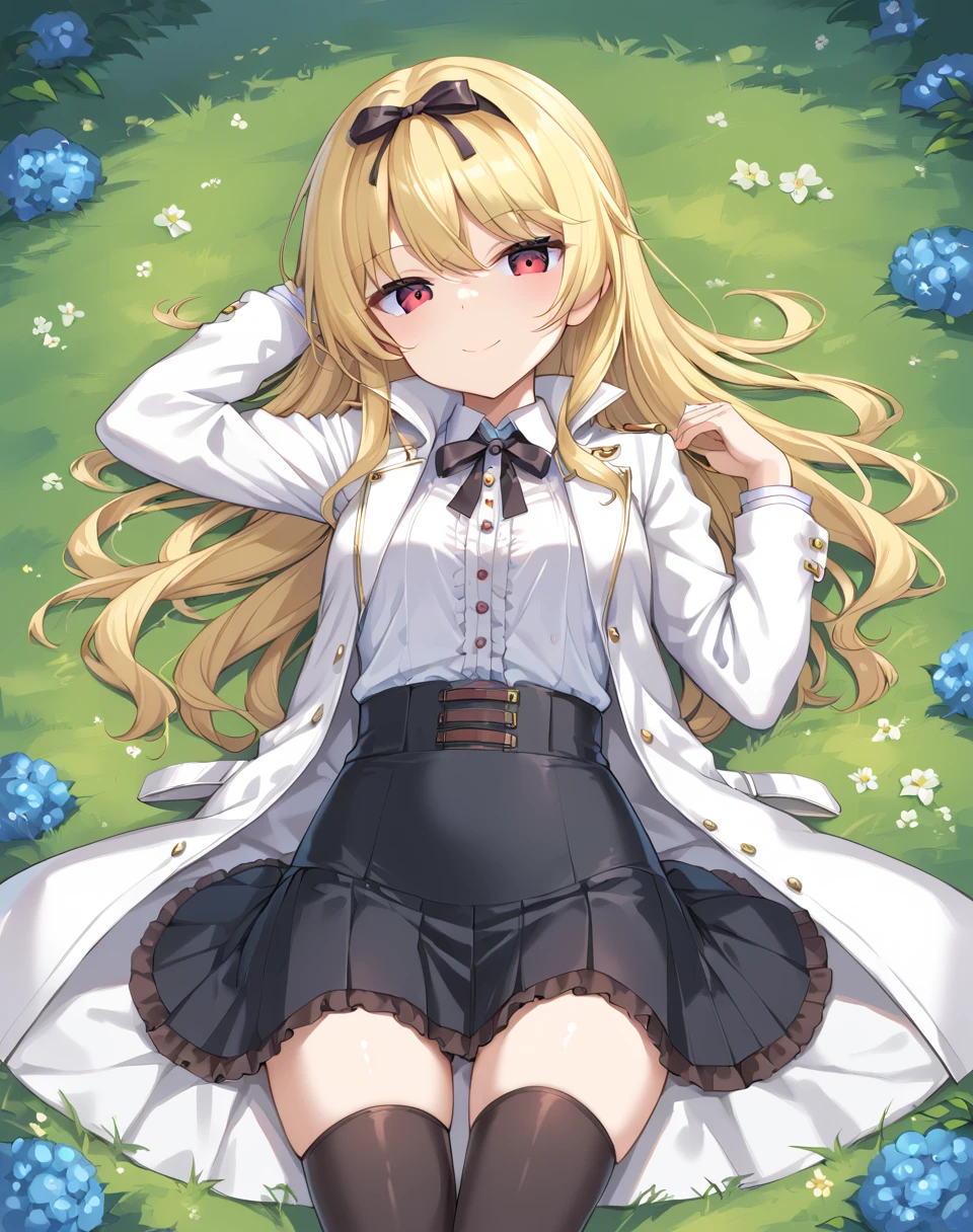 yue_arifureta, blonde hair, long hair, red eyes, small breasts, petite, thighhighs, hair ribbon, center frills, black ribbon, adventurer clothes, white jacket, open jacket, yue shirt, black skirt, neck ribbon BREAK outdoors,field of grass, flowers BREAK  looking at viewer, sexy face, sexy smile, on back, from above, lying on ground BREAK score_9, score_8_up, score_7_up, source_anime ,zPDXL, perfect hand,  <lora:Yue:0.8>