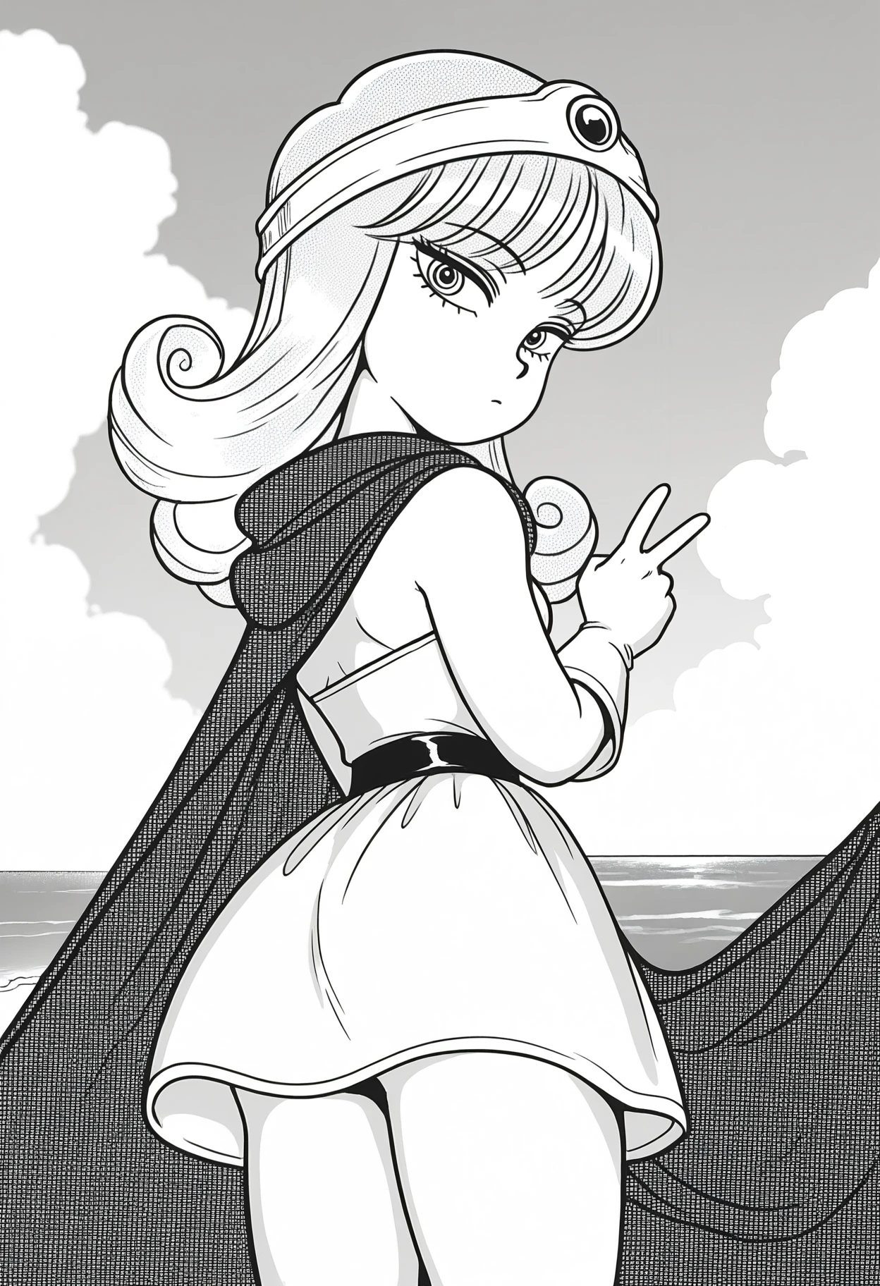 masterpiece, best quality, amazing quality, <lora:kr_sage_IL1.6:1>, monochrome, greyscale, screentones hair, kr_sage, 1girl, long hair, curly hair,
gloves, dress, cape,
looking at viewer, from below, looking back, cowboy shot, v,
BREAK beach, sky, cloud, sunlight,