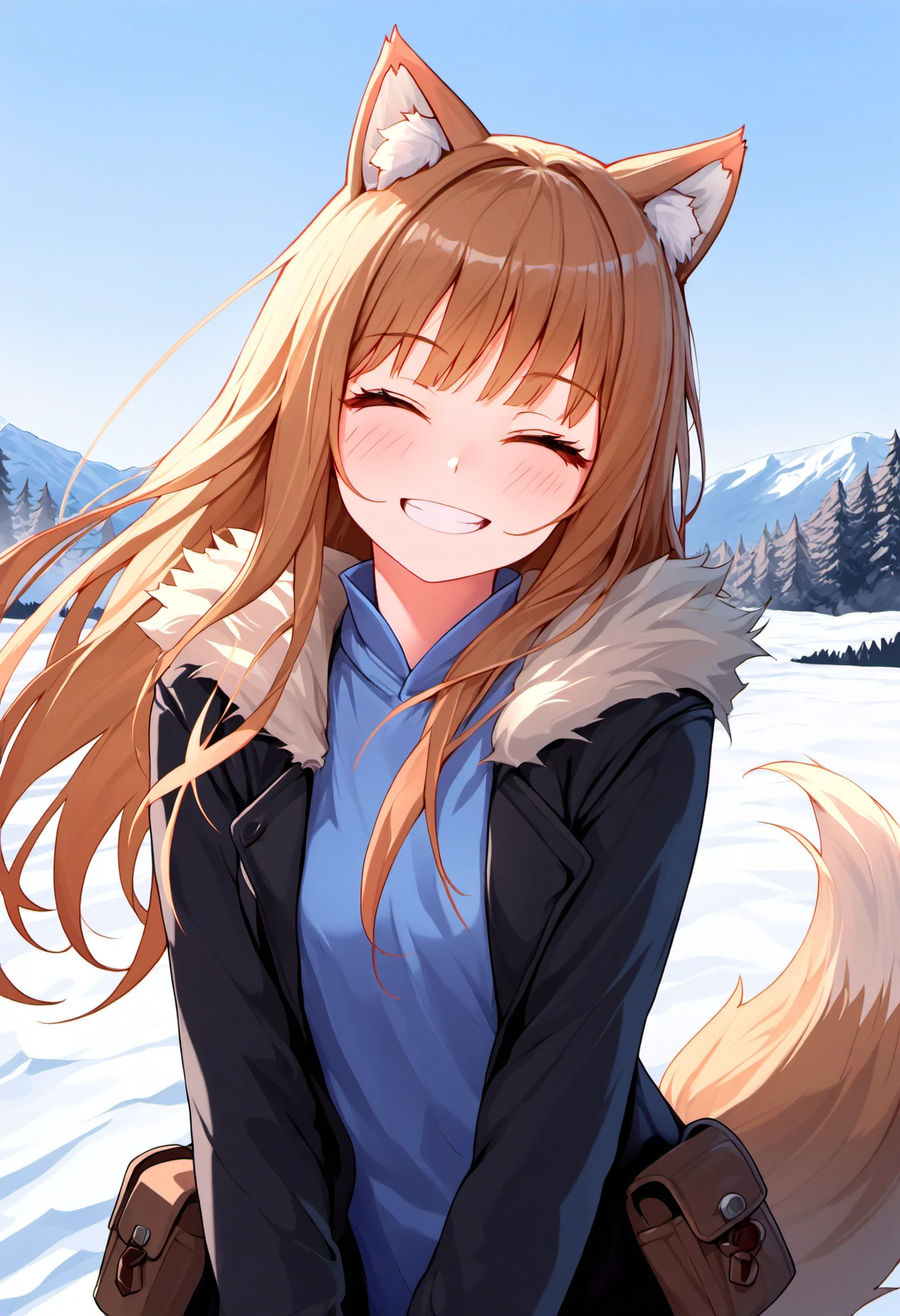 masterpiece, best quality, good quality, by hllv, sketch,
holo, 1girl, solo, long hair, blush, smile, shirt, brown hair, long sleeves, animal ears, jacket, tail, upper body, closed eyes, outdoors, open clothes, sky, day, grin, open jacket, black jacket, animal ear fluff, fur trim, head tilt, blue shirt, wolf ears, facing viewer, wolf tail, snow, pouch, wolf girl, wind, windy hair,<lora:rouwei_neg_by pfc:1>