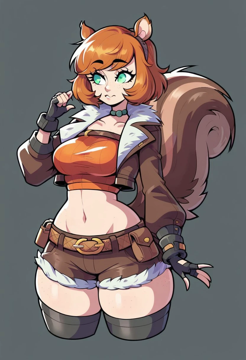 score_9, score_8_up, score_7_up, score_6_up, radicalsoda squirrelgirlSDXL,1girl,short hair,brown hair,thighhighs, thick thighs, wide hips,gloves,navel,animal ears,green eyes,jacket,tail,open clothes,shorts,black gloves,midriff,belt,black,fingerless gloves,orange hair,open jacket,crop top,fur trim,short shorts,brown gloves,cropped jacket,pouch,brown jacket,belt buckle,fur-trimmed jacket,brown belt,leather,belt pouch,brown shorts,squirrel ears,squirrel tail,squirrel girl,freckles