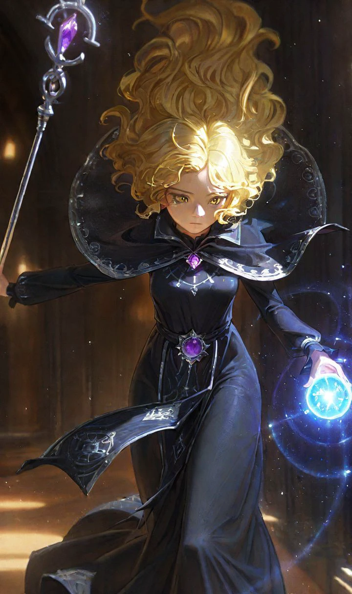 d1style, close-up, blonde hair, wavy hair, yellow eyes, capelet, black dress, long dress, long sleeves, holding silver staff with purple gem, pelvic curtain, magic cirle, lighting particles, cinematic, otherworldly hall, dreamlike, eerie, scenery, 1girl, solo, textured stroke  <lora:diablo_style:0.8>