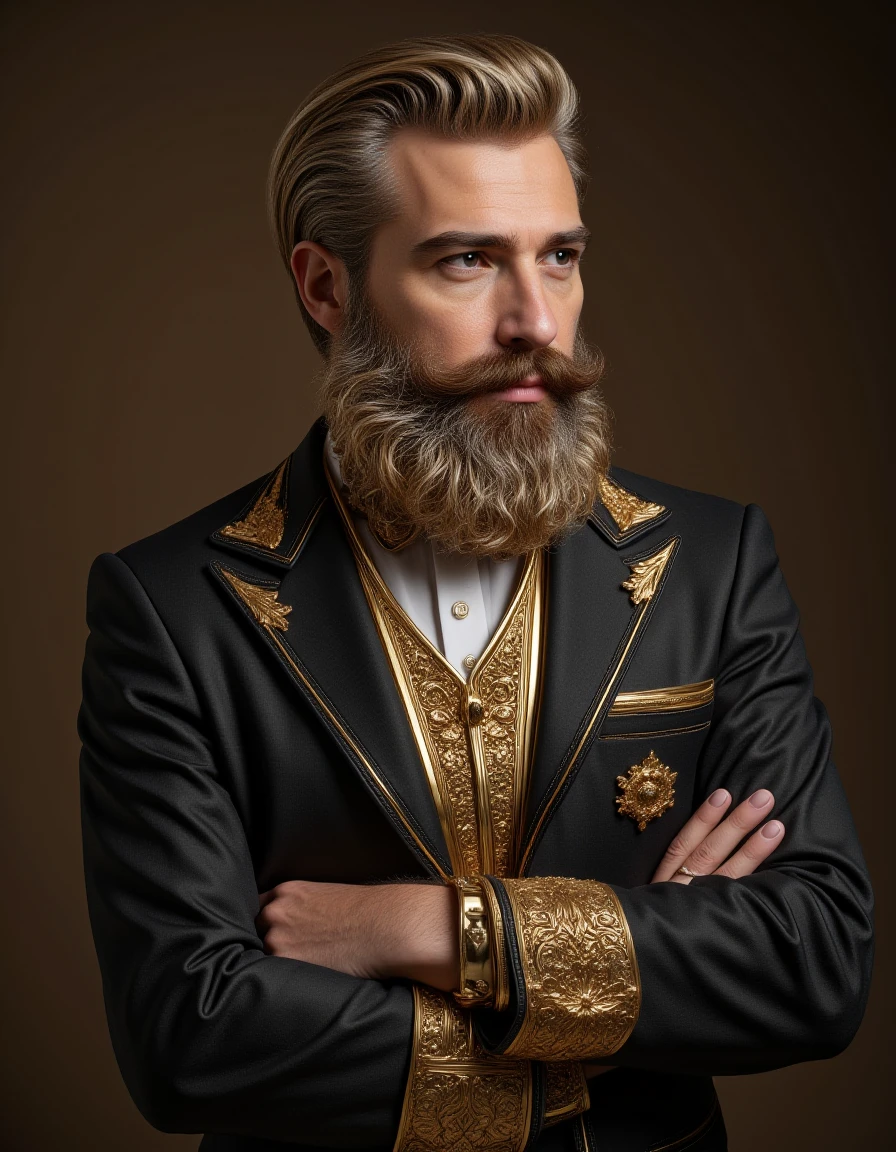 a half body image of a man with a beard made of gold, wearing an Italian suit, posing <lora:gold_standard_512_dev_f1_k:1>