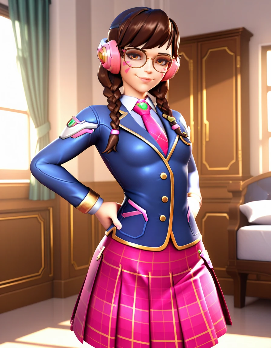 Masterpiece, high-res, 2k, best quality,   1 girl  , 3d,  d.va (overwatch), academy dva  , glasses,  <lora:dva academy illus-000040:1>  Hands on the waist looking cheerful