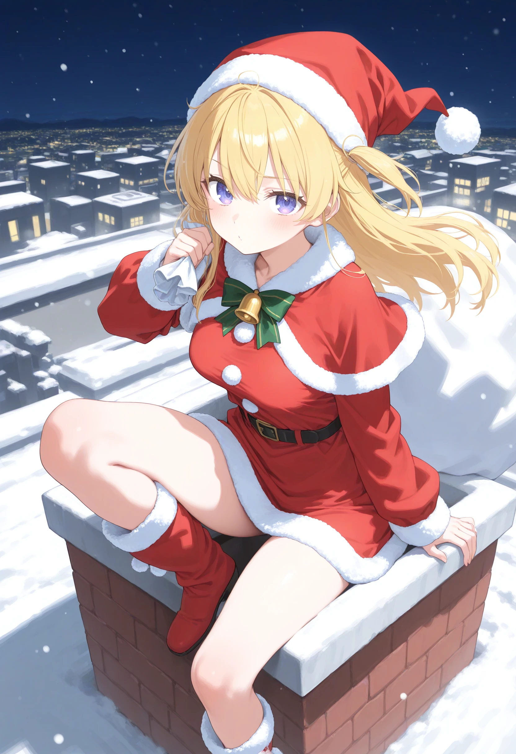 1girl,(sho \(sho lwlw\):0.7),(toosaka asagi:0.5),(sincos:0.3),solo,
masterpiece, best quality, newest, absurdres, CG, anime, source anime, illustration,
medium breasts, santa costume, christmas, santa hat,
chimney,  holding gift, sitting, brick, breast press,stuck, snowing, arm support, rooftop, floating hair, sack, pom pom (clothes), leg up,  <lora:chimney_Illust_v1:0.8>