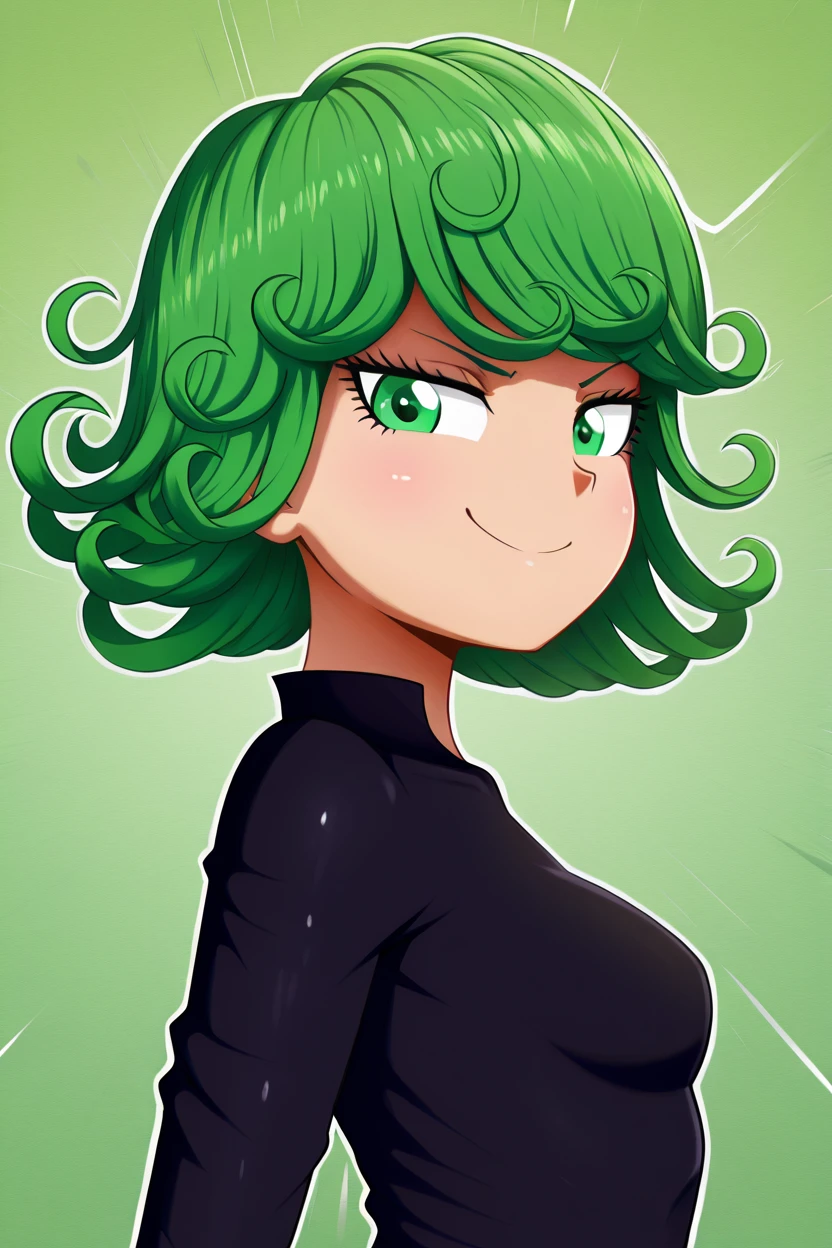 masterpiece, best quality, zzTatsumaki, green eyes, green hair, black dress, smile, smug, <lora:TatsumakiIXL:1.0>,   <lora:theButcherXIXL_v5:1.0>, upper body, side view, smile, looking at viewer, shiny skin,