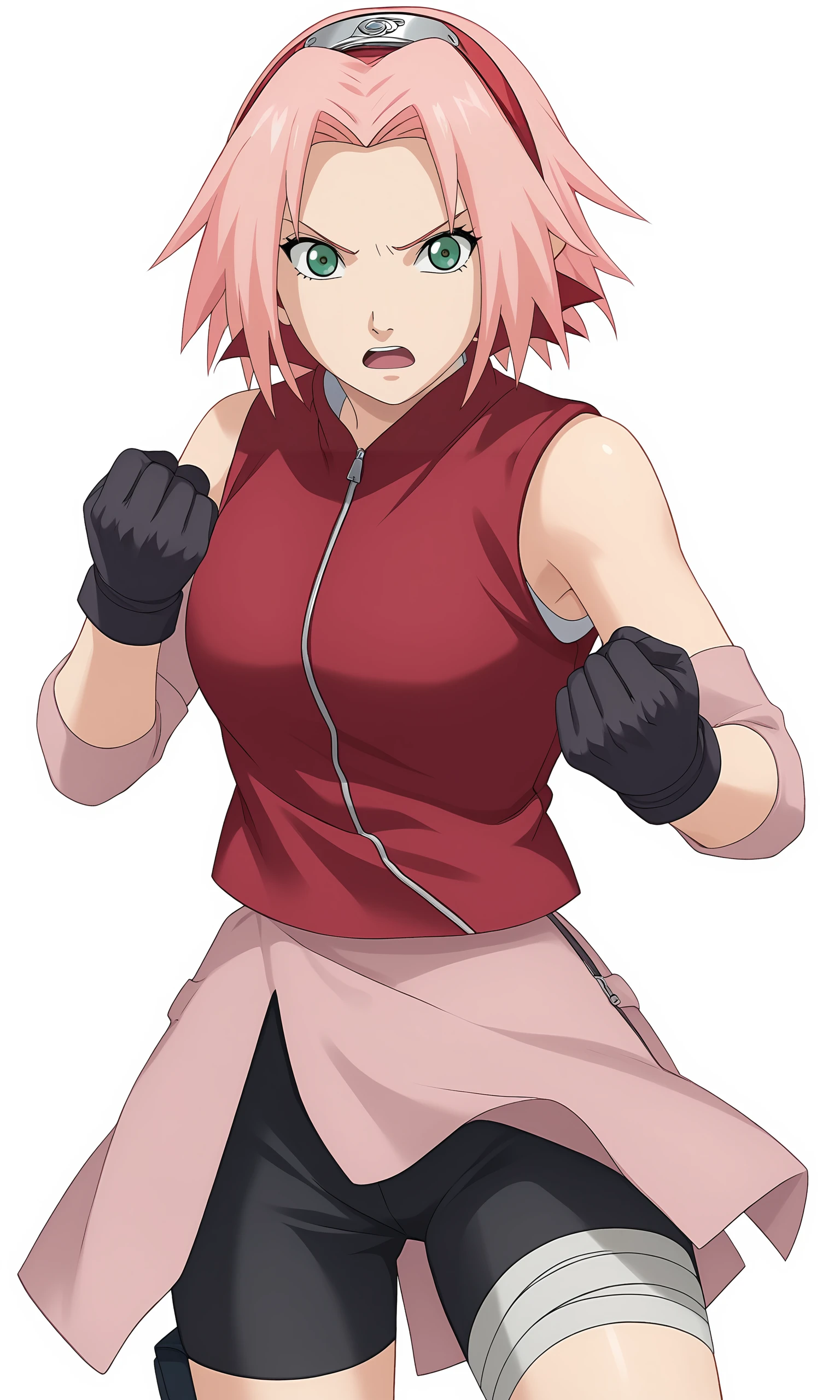 score_9, score_8_up, score_7_up, game cg,
pov, 
clenched hands, 
harunosakura, 1girl, pink hair, green eyes, short hair, black gloves, elbow pads, sleeveless shirt, looking at viewer, pink skirt, forehead protector, bandaged leg, black shorts, konohagakure symbol, red shirt, haruno sakura, 
fighting stance, 
serious, open mouth, 
simple background, white background,
 <lora:Sakura_PXL:1>