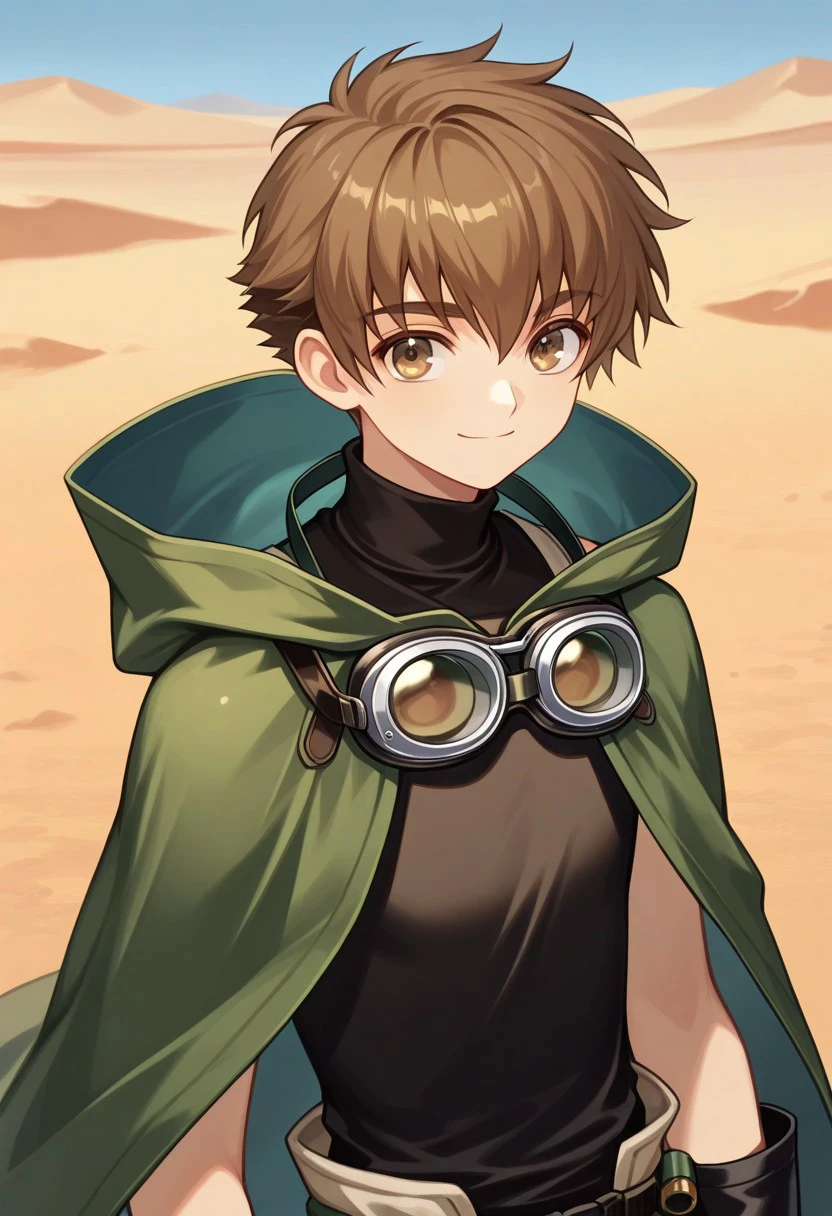 masterpiece, best quality, 
shaoran, 1boy, male focus, solo, brown eyes, brown hair, short hair, cloak, green cloak, hooded cloak, hood, shirt, turtleneck, black shirt, sleeveless, gloves, black gloves, smile, goggle, goggles around neck
outdoor, desert