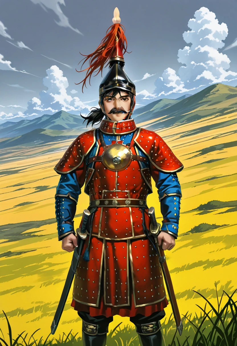 masterpiece, best quality, absurdres, detailed skin, detailed eyes, anime colored, anime screencap,
1 man, brown eyes, thin mustache, 
<lora:Qing_Dynasty_Armor:0.8>, qingarmor, qinghelmet, plume, sword, sheath,
grassland,