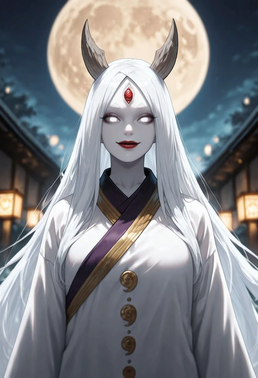 masterpiece,best quality,amazing quality, <lora:otsutsuki_kaguya_illustrious_goofy:1>otsutsuki kaguya, long hair, 1girl, white hair, solo,kimono, japanese clothes, :d,laughing,  red lips, pale skin, white eyes, white skin, very long hair, looking at viewer, colored skin, forehead jewel, blurry, third eye, blurry background,  lipstick, lips, makeup, no pupils, outdoors, upper body, long sleeves, closed mouth, blank eyes, dress, standing, moon,  white eyes, parted bangs