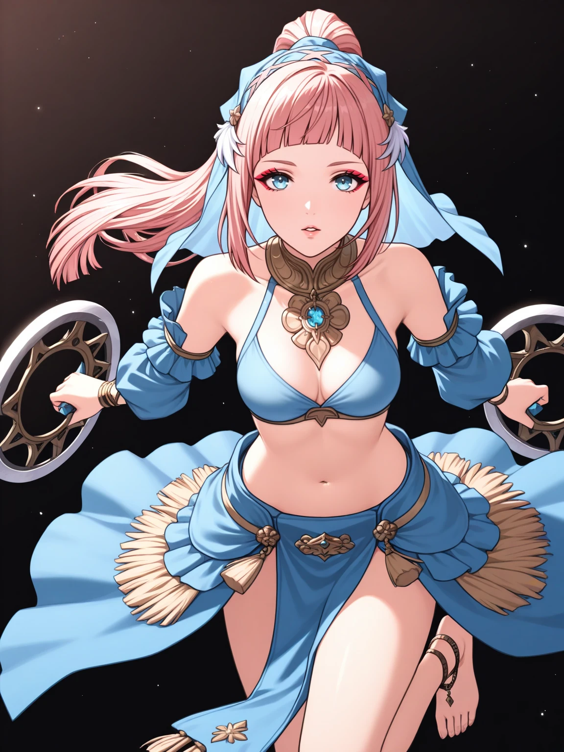 Masterpiece,best quality,vector art,looking at viewer,parted lips,cowboy shot,barefoot,eyeleiner,makeup,
edgDNC, 1girl, solo, breasts, navel, jewelry, medium breasts, detached sleeves, midriff, chakram weapon, veil, anklet ,wearing edgDNC
 <lora:edgDNCILS:1>
BREAK
 <lora:felicia-fe-richy-v1_ixl:1> f1cdf, blue eyes, pink hair, long hair, ponytail, sidelocks, blunt bangs,