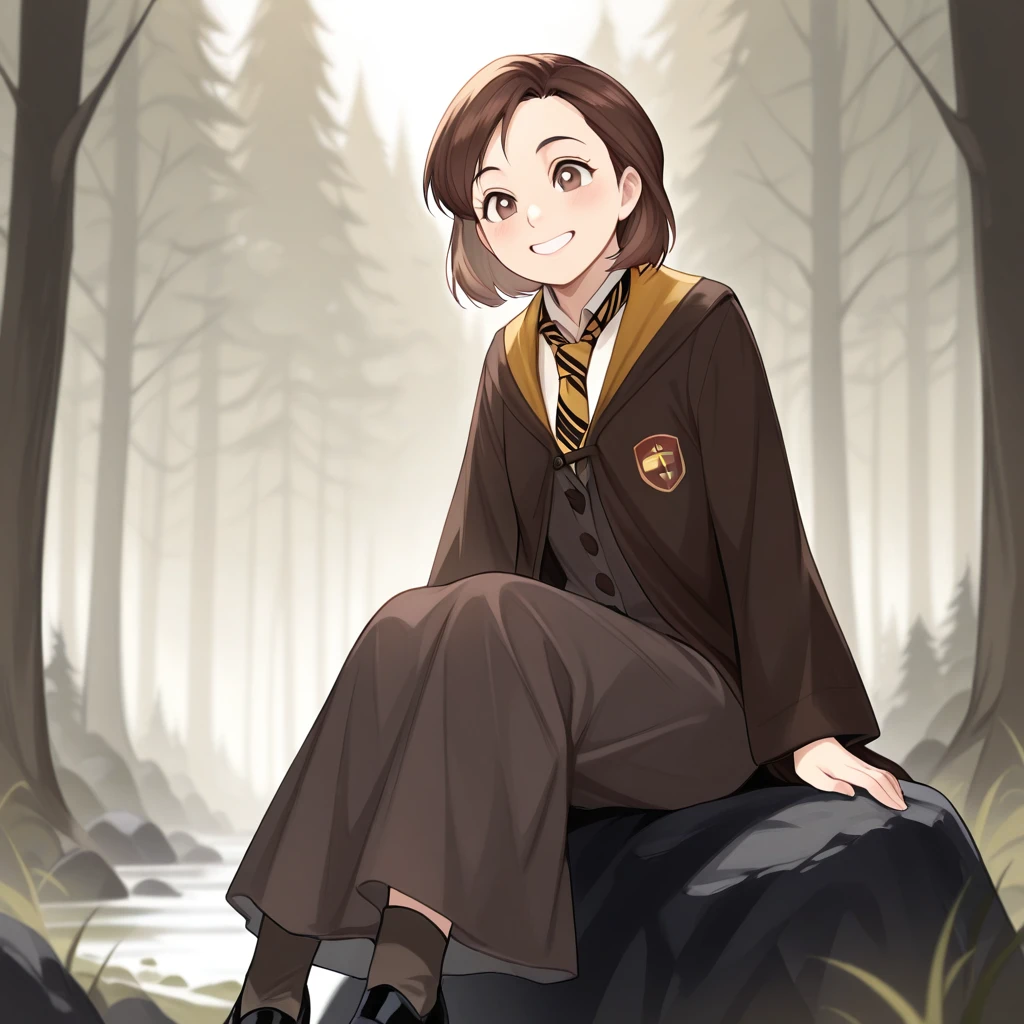 masterpiece, best quality, high quality, PoppySweeting, 1girl, solo, brown hair, short hair, brown eyes, smile, white shirt, necktie, brown dress, hogwarts school uniform, black footwear, outdoors, forest ,   <lora:PoppySweeting_illustrious_Leaf3-000010:1>,  sitting on rock,