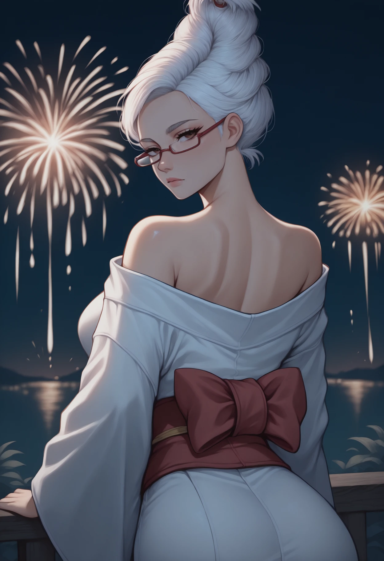 anime, masterpiece, best quality, <break> from behind, solo, 1girl, se1ko, mature female, expressionless, looking back, white hair, updo, brown eyes, glasses, red-framed eyewear, japanese clothes, white kimono, off shoulder, red sash, bare shoulders, outdoors, night, fireworks
<segment:yolo-Anzhc Face seg 640 v2 y8n.pt,0.4,0.5//cid=1>